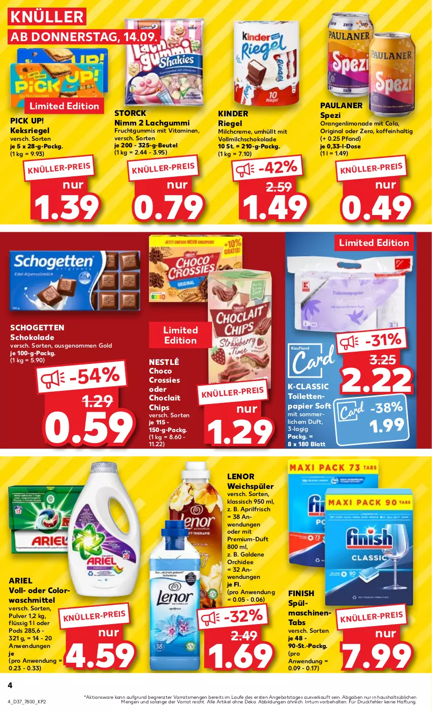 Aktueller Prospekt Kaufland - Prospekt - von 14.09 bis 20.09.2023 - strona 4 - produkty: angebot, ariel, beutel, chips, choclait chips, choco crossies, cola, colorwaschmittel, creme, crossies, eis, Finish, frucht, fruchtgummi, fruchtgummis, gin, keks, Kinder, kinder riegel, lachgummi, lenor, lenor weichspüler, limo, limonade, merl, milch, nestlé, Nimm 2, orange, orangen, orchidee, papier, Paula, paulaner, Pick Up!, Pods, pril, riegel, schogetten, schoko, schokolade, Spezi, spülmaschinen, spülmaschinentabs, storck, Ti, toilettenpapier, vita, Vitamine, vollmilch, waschmittel, weichspüler, ZTE