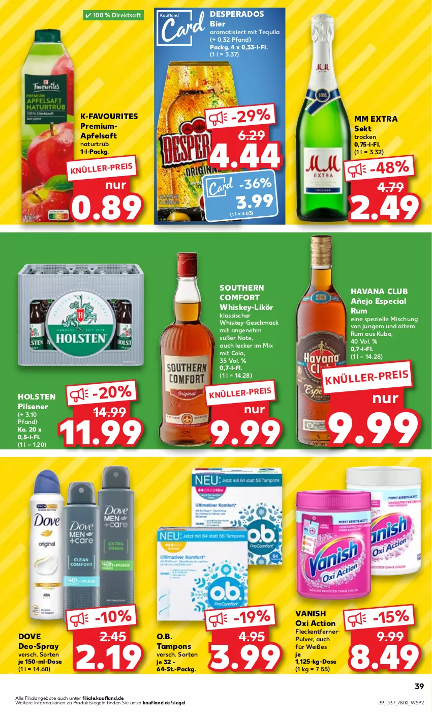 Aktueller Prospekt Kaufland - Prospekt - von 14.09 bis 20.09.2023 - strona 41 - produkty: angebot, angebote, apfel, apfelsaft, bier, cola, deo, desperados, direktsaft, dove, eis, elle, fleckentferner, Havana Club, holsten, holsten pilsener, likör, mac, mm extra, natur, O.b., oxi action, pils, pilsener, rum, saft, sekt, Southern Comfort, Spezi, Tampon, tampons, tequila, Ti, vanish, vanish oxi action, whiskey