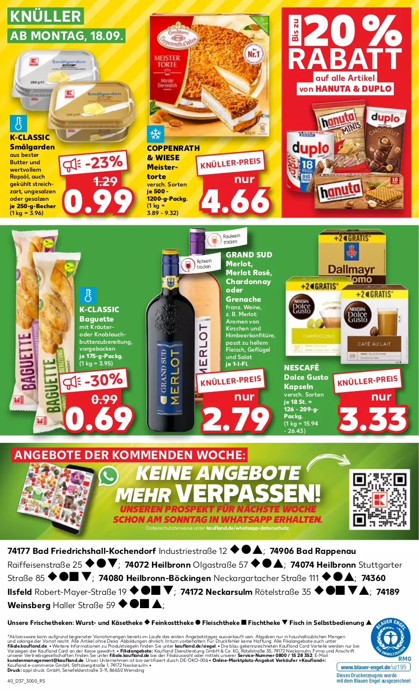 Aktueller Prospekt Kaufland - Prospekt - von 14.09 bis 20.09.2023 - strona 42 - produkty: angebot, angebote, Astra, Bad, baguette, Becher, bio, butter, chardonnay, coppenrath, dolce gusto, drucker, duplo, eis, elle, Engel, erde, feinkost, feinkosttheke, fisch, fischtheke, fleisch, geback, Geflügel, grand sud, hanuta, himbeer, Käse, käsetheke, kerze, kirsch, kirsche, kirschen, knoblauch, Knoblauchbutter, konfitüre, kräuter, LG, Meister, merl, merlot, Nescafé, rapsöl, roséwein, rotwein, salat, salz, Streichzart, Ti, torte, wein, weine, wurst, ZTE