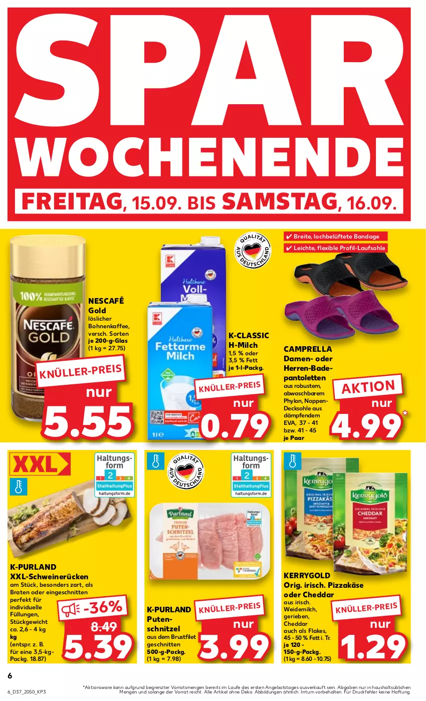 Aktueller Prospekt Kaufland - Prospekt - von 14.09 bis 20.09.2023 - strona 6 - produkty: angebot, Bad, bohne, bohnen, bohnenkaffee, braten, Brei, brustfilet, cheddar, decksohle, eis, elle, filet, flakes, Hylo, kaffee, Käse, kerrygold, löslicher bohnenkaffee, milch, Nescafé, nescafé gold, pantolette, pantoletten, pizza, purland, pute, putenschnitzel, reis, rel, schnitten, schnitzel, schwein, schweine, schweinerücken, Ti, weidemilch, wein, weine, ZTE