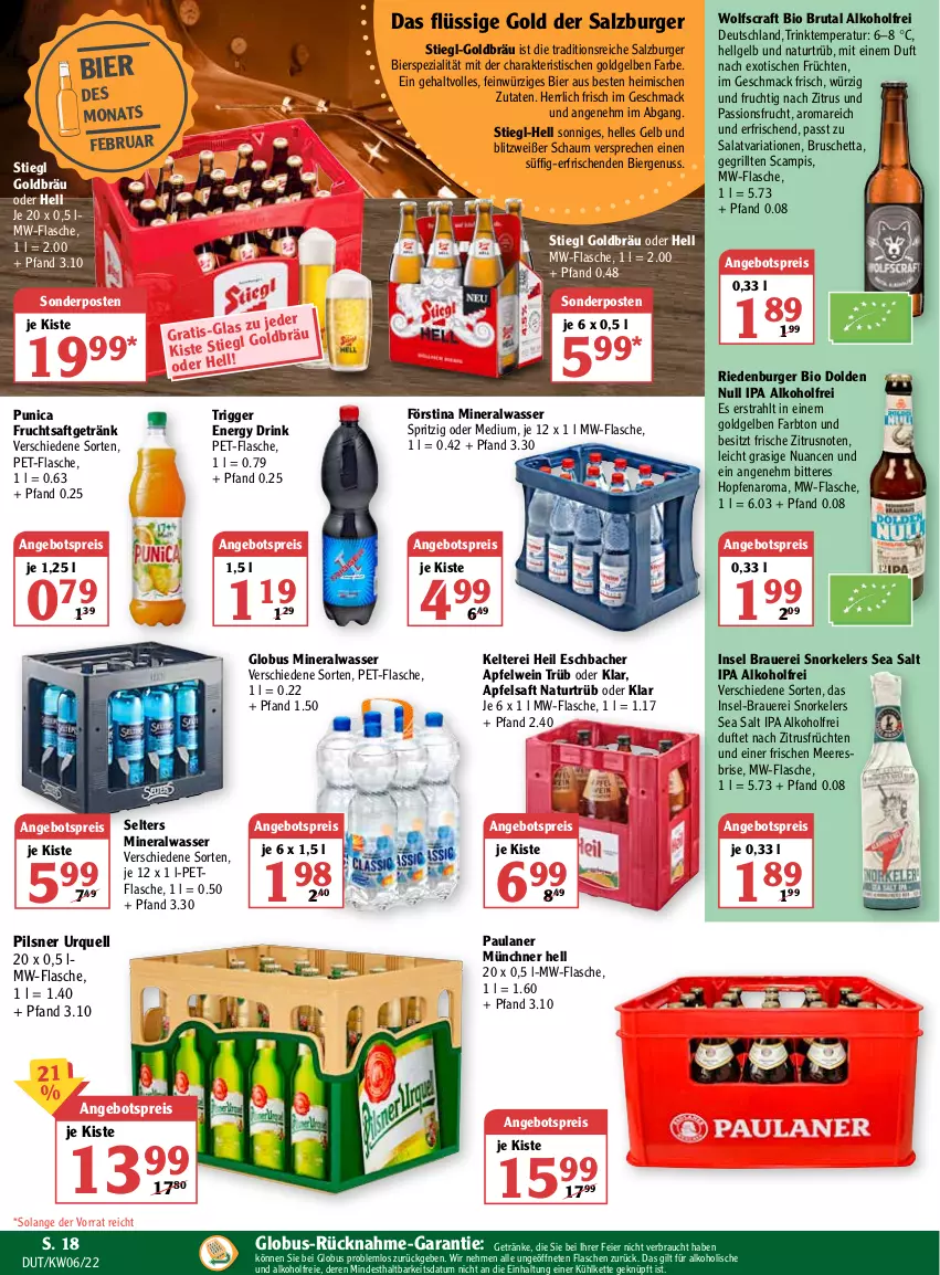 Aktueller Prospekt Globus - Prospekte - von 07.02 bis 12.02.2022 - strona 18 - produkty: alkohol, Alwa, angebot, angebotspreis, apfel, apfelsaft, apfelwein, auer, bier, bio, brut, burger, drink, eier, eis, elle, energy drink, flasche, frucht, früchte, früchten, fruchtsaft, fruchtsaftgetränk, getränk, getränke, grill, Kette, LG, mac, mineralwasser, mw-flasche, natur, Nuance, nuss, passionsfrucht, Paula, paulaner, pet-flasche, pils, pilsner, pilsner urquell, punica, Rauch, reis, Ria, saft, salat, salz, Selters, sonderposten, Spezi, Stiegl, Ti, tisch, wasser, wein