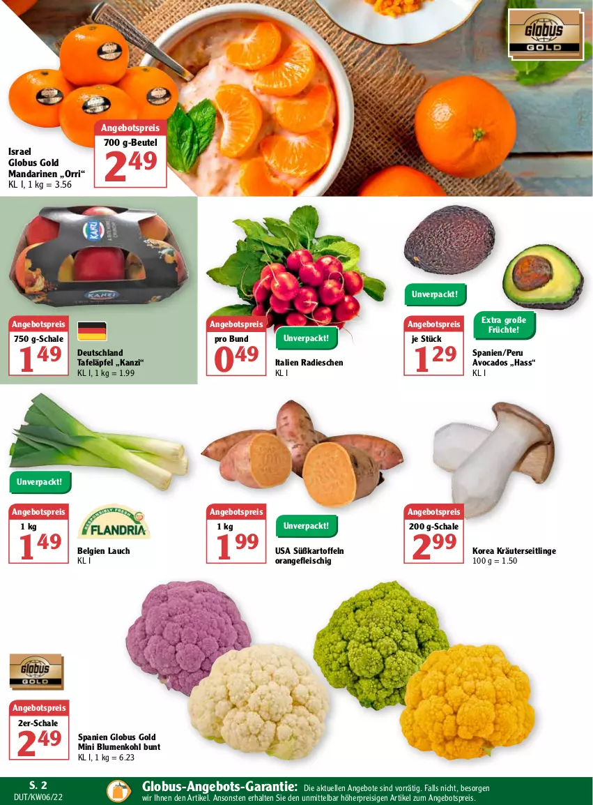 Aktueller Prospekt Globus - Prospekte - von 07.02 bis 12.02.2022 - strona 2 - produkty: angebot, angebote, angebotspreis, avocado, avocados, beutel, blume, blumen, blumenkohl, eis, elle, fleisch, früchte, kartoffel, kartoffeln, kräuter, Kräuterseitlinge, LG, mandarine, mandarinen, orange, radieschen, reis, Schal, Schale, Süßkartoffeln, tafeläpfel, Ti