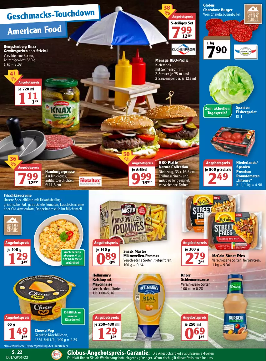 Aktueller Prospekt Globus - Prospekte - von 07.02 bis 12.02.2022 - strona 22 - produkty: angebot, angebote, angebotspreis, bsf, burger, creme, doppelrahmstufe, eis, eisbergsalat, elle, frischkäse, Getrocknete Tomaten, gewürz, Gewürzgurke, gewürzgurken, gurke, gurken, hamburger, hengstenberg, Holz, jungbullen, Käse, käsetheke, ketchup, knorr, latte, mac, mayonnaise, mccain, mikrowelle, milch, natur, Old Amsterdam, pommes, reis, Romatomaten, salat, sauce, saucen, Schal, Schale, schlemmersauce, snack, sonnenschirm, Spezi, spülmaschinen, teller, Ti, tomate, tomaten, Yo