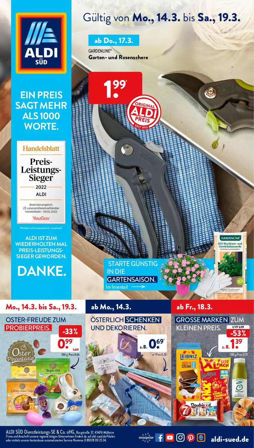 Aktueller Prospekt AldiSud - ALDI Aktuell - von 14.03 bis 19.03.2022 - strona 1 - produkty: aldi, auto, bier, eis, ente, gardenline®, Garten, leine, reis, rosen, Schere, Ti