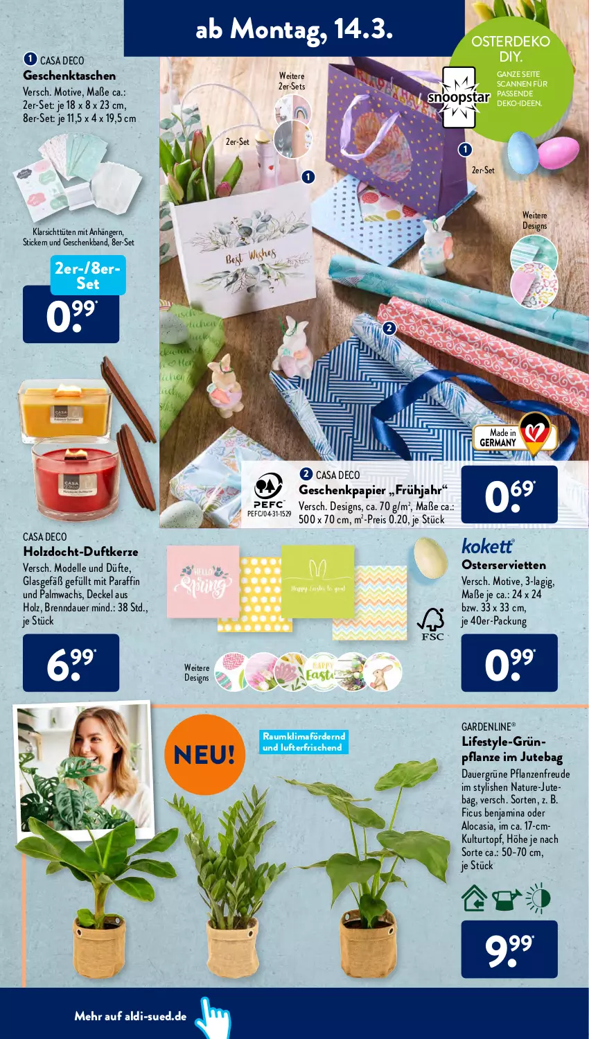 Aktueller Prospekt AldiSud - ALDI Aktuell - von 14.03 bis 19.03.2022 - strona 10 - produkty: aldi, Anhänger, auer, casa deco, decke, Deckel, dell, Duftkerze, eis, elle, erde, Ficus, gardenline®, Geschenkpapier, Geschenktasche, Holz, kerze, kulturtopf, Mode, natur, papier, pflanze, pflanzen, reis, Serviette, servietten, Tasche, taschen, Ti, topf, Tüte