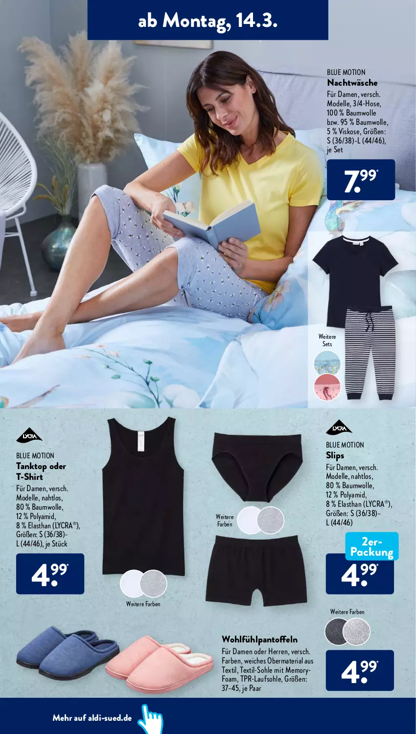 Aktueller Prospekt AldiSud - ALDI Aktuell - von 14.03 bis 19.03.2022 - strona 14 - produkty: aldi, Bau, baumwolle, dell, elle, hose, Mode, Pantoffeln, Ria, shirt, slip, slips, T-Shirt, tanktop, Ti, wolle