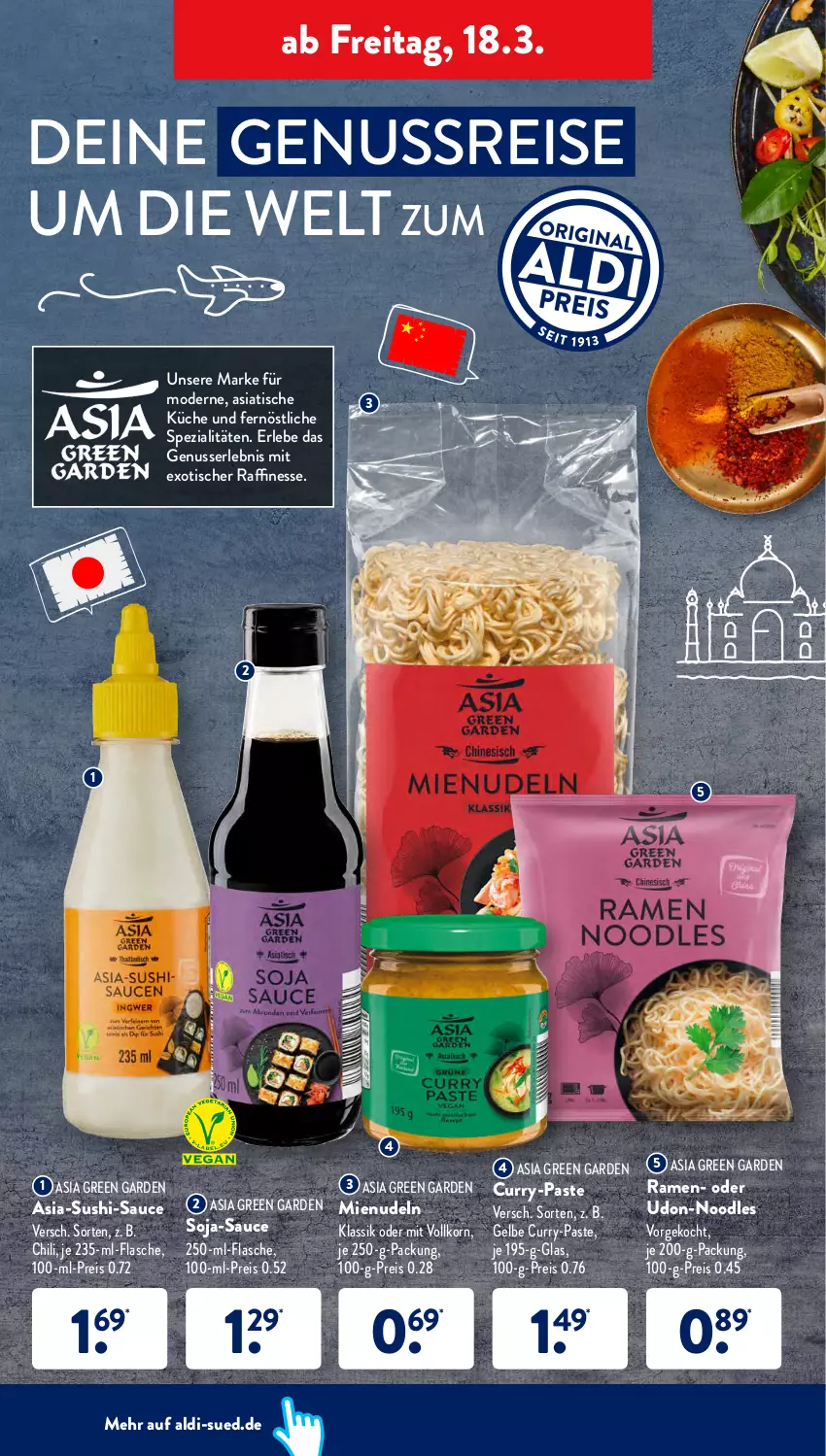 Aktueller Prospekt AldiSud - ALDI Aktuell - von 14.03 bis 19.03.2022 - strona 38 - produkty: aldi, Asia Green Garden, chili, curry, eis, finesse, flasche, je 250-g-packung, korn, küche, Mode, nudel, nudeln, nuss, reis, sauce, soja, Spezi, Sushi, Ti, tisch