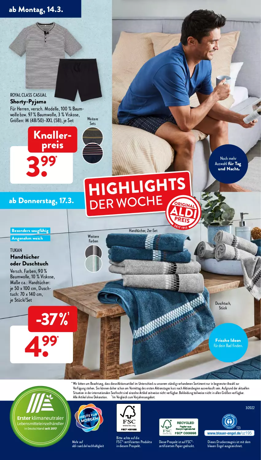 Aktueller Prospekt AldiSud - ALDI Aktuell - von 14.03 bis 19.03.2022 - strona 45 - produkty: aldi, alle artikel ohne dekoration, angebot, Bad, Bau, baumwolle, dekoration, dell, drucker, duschtuch, eis, elle, Engel, gin, handtücher, kerze, kleid, Kleidung, knallerpreis, lebensmittel, Mode, papier, Pyjama, reis, resa, shorty, shorty-pyjama, Ti, tuc, tücher, wolle, ZTE