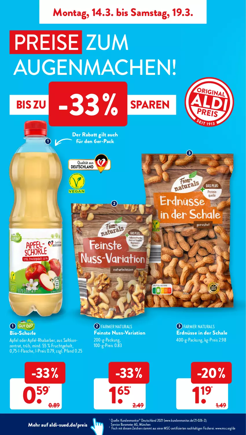 Aktueller Prospekt AldiSud - ALDI Aktuell - von 14.03 bis 19.03.2022 - strona 8 - produkty: aldi, apfel, bio, eis, elle, erdnüsse, fisch, fische, Fischer, flasche, frucht, mac, monitor, natur, natura, nuss, reis, rhabarber, Ria, saft, Schal, Schale, Schere, schorle, Ti