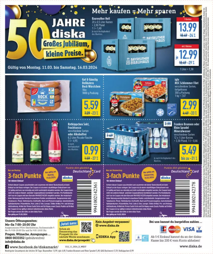 Aktueller Prospekt Diska - von 11.03 bis 16.03.2024 - strona 12 - produkty: alkohol, Alwa, angebot, angebote, Astra, bockwurst, brunnen, coupon, deka, ecco, eis, ente, erde, filet, flasche, franken brunnen, frucht, fruchtsecco, gutschein, iglo, mineralwasser, reis, ring, rotkäppchen, sac, sekt, Sprudel, Ti, uhr, wasser, wurst, ZTE