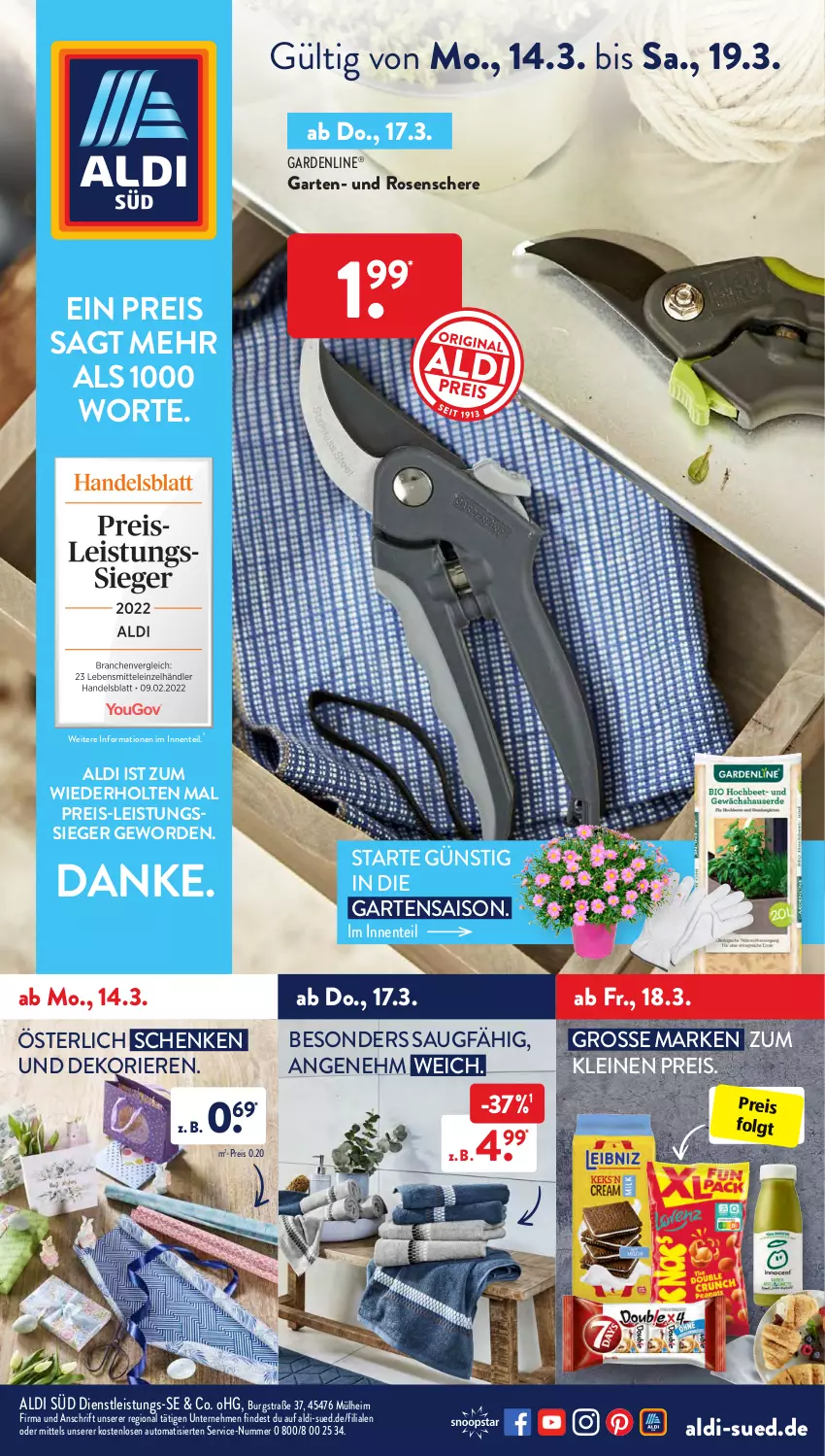 Aktueller Prospekt AldiSud - ALDI Aktuell - von 14.03 bis 19.03.2022 - strona 1 - produkty: aldi, auto, eis, ente, gardenline®, Garten, leine, LG, reis, rosen, Schere, Ti