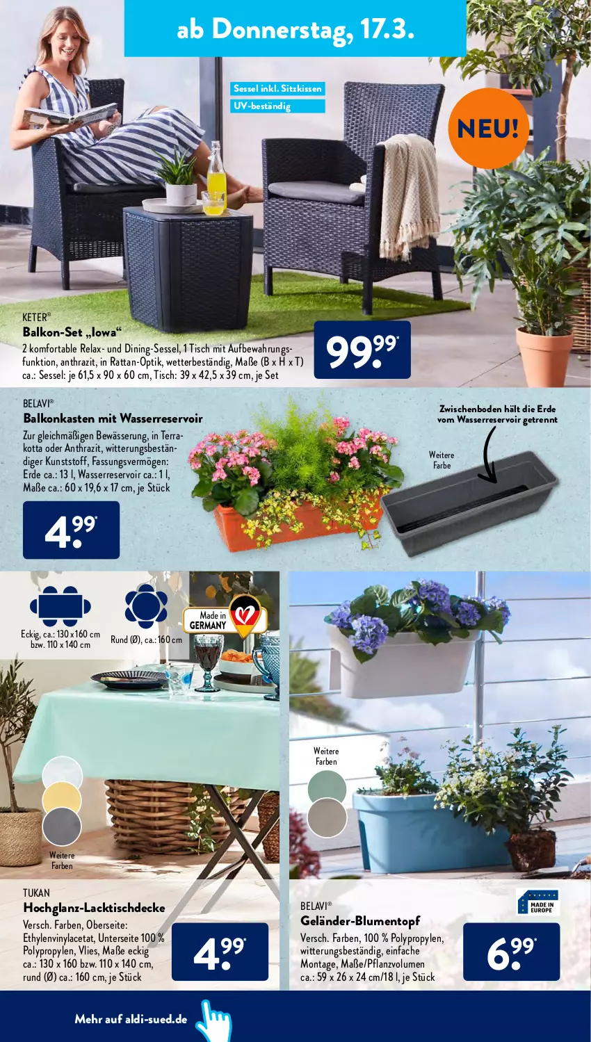 Aktueller Prospekt AldiSud - ALDI Aktuell - von 14.03 bis 19.03.2022 - strona 14 - produkty: aldi, blume, blumen, decke, erde, hochglanz, kissen, lack, rel, sessel, sitzkissen, Ti, tisch, tischdecke, topf, wasser