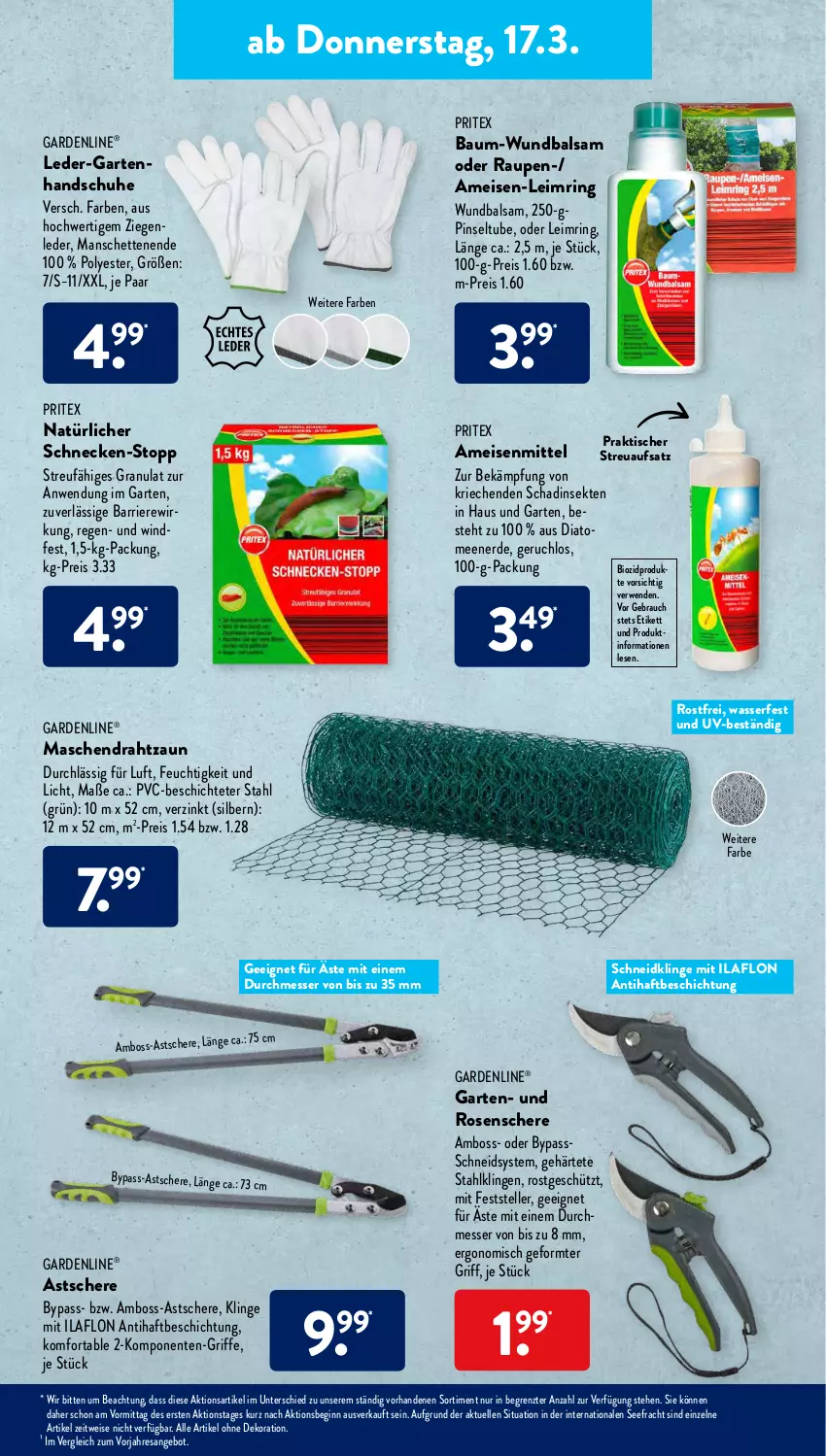 Aktueller Prospekt AldiSud - ALDI Aktuell - von 14.03 bis 19.03.2022 - strona 17 - produkty: alle artikel ohne dekoration, angebot, balsam, Bau, bio, biozidprodukte, boss, dekoration, Draht, eis, elle, ente, erde, gardenline®, Garten, gin, handschuhe, messer, Pinsel, Rauch, reis, resa, ring, Ritex, rosen, rwe, Schere, schuhe, sekt, teller, Ti, tisch, wasser, ZTE