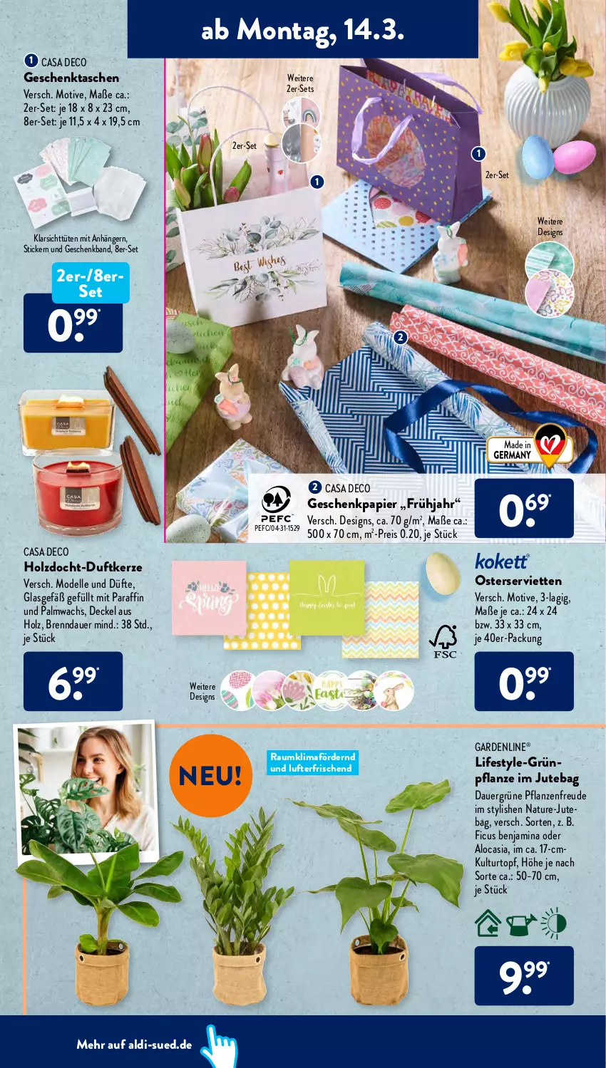 Aktueller Prospekt AldiSud - ALDI Aktuell - von 14.03 bis 19.03.2022 - strona 2 - produkty: aldi, Anhänger, auer, casa deco, decke, Deckel, dell, Duftkerze, eis, elle, Ficus, gardenline®, Geschenkpapier, Geschenktasche, Holz, kerze, kulturtopf, Mode, natur, papier, pflanze, pflanzen, reis, Serviette, servietten, Tasche, taschen, Ti, topf, Tüte