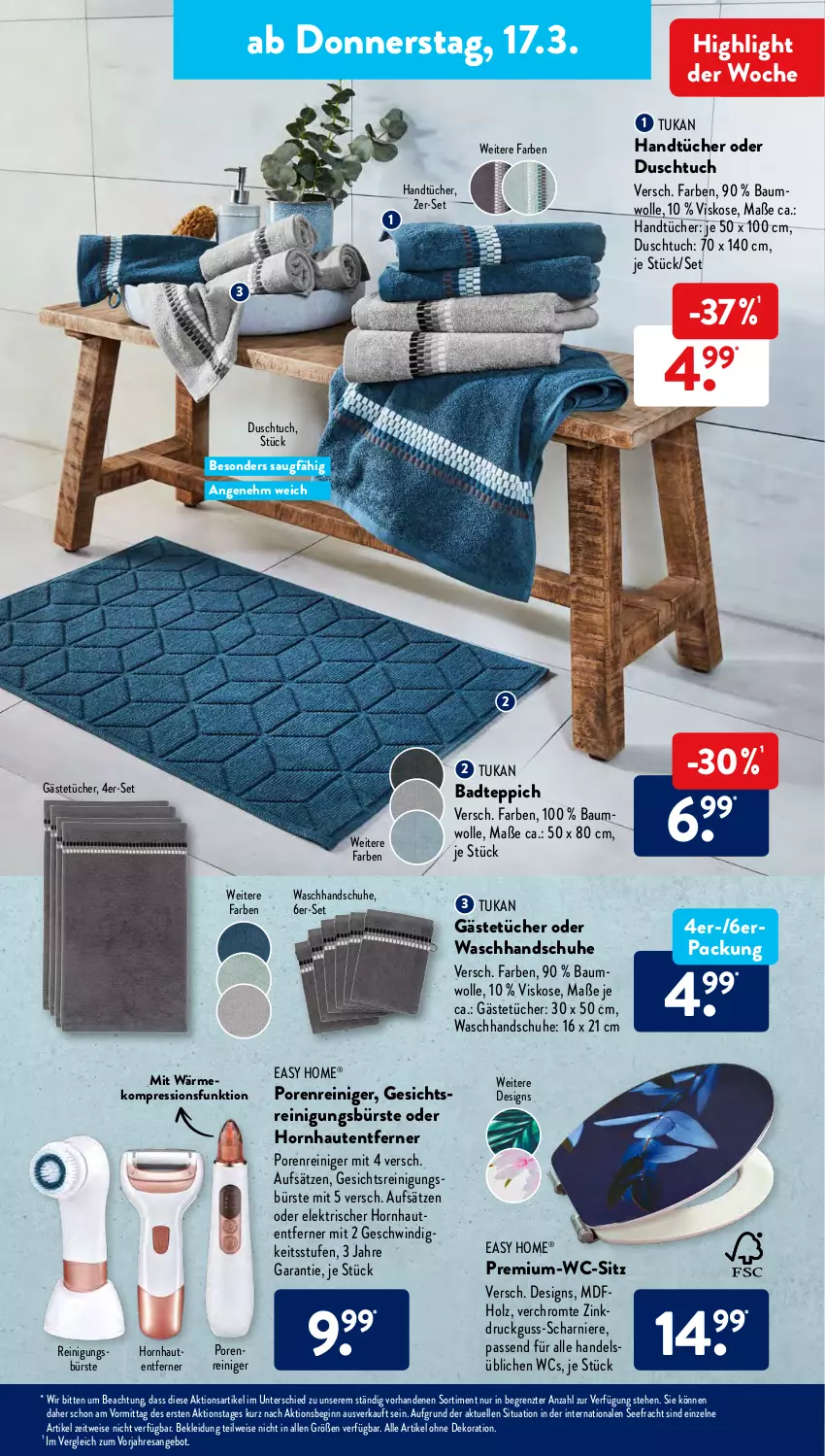 Aktueller Prospekt AldiSud - ALDI Aktuell - von 14.03 bis 19.03.2022 - strona 21 - produkty: alle artikel ohne dekoration, angebot, Bad, badteppich, Bau, baumwolle, bürste, dekoration, duschtuch, eis, elle, Gästetücher, Gesichtsreinigungsbürste, gin, handschuhe, handtücher, Holz, kleid, Kleidung, passend für alle, reiniger, Reinigung, reinigungsbürste, resa, schuhe, teppich, Ti, tuc, tücher, waschhandschuh, wc-sitz, wolle, ZTE