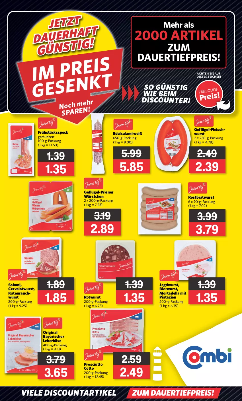 Aktueller Prospekt Combi - Prospekte - von 06.11 bis 11.11.2023 - strona 1 - produkty: angebot, angebote, auer, bier, bratwurst, dauertiefpreis, dell, discount, Edelsalami, eis, fleisch, fleischwurst, Frühstücksspeck, Geflügel, Geflügel-Fleischwurst, gin, jagdwurst, Käse, leberkäs, leberkäse, mit pistazien, mortadella, pistazien, prosciutto, prosciutto cotto, Rauch, reis, rostbratwurst, Rotwurst, salami, Speck, Ti, tiefpreis, wiener, wiener würstchen, wurst, würstchen