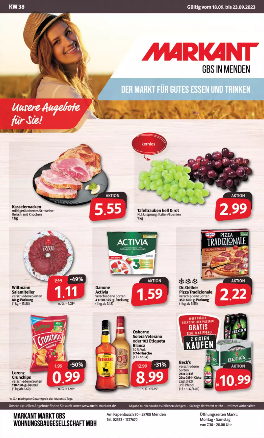 Aktueller Prospekt Markant - Prospekte - von 18.09 bis 23.09.2023 - strona 1 - produkty: activia, angebot, angebote, Bau, beutel, danone, Dr. Oetker, eis, elle, flasche, fleisch, kasseler, lorenz, pizza, pizza tradizionale, reis, salami, schwein, schweine, tafeltrauben, teller, Ti, tradizionale, trauben, uhr, veterano, wein, weine, wiltmann, ZTE