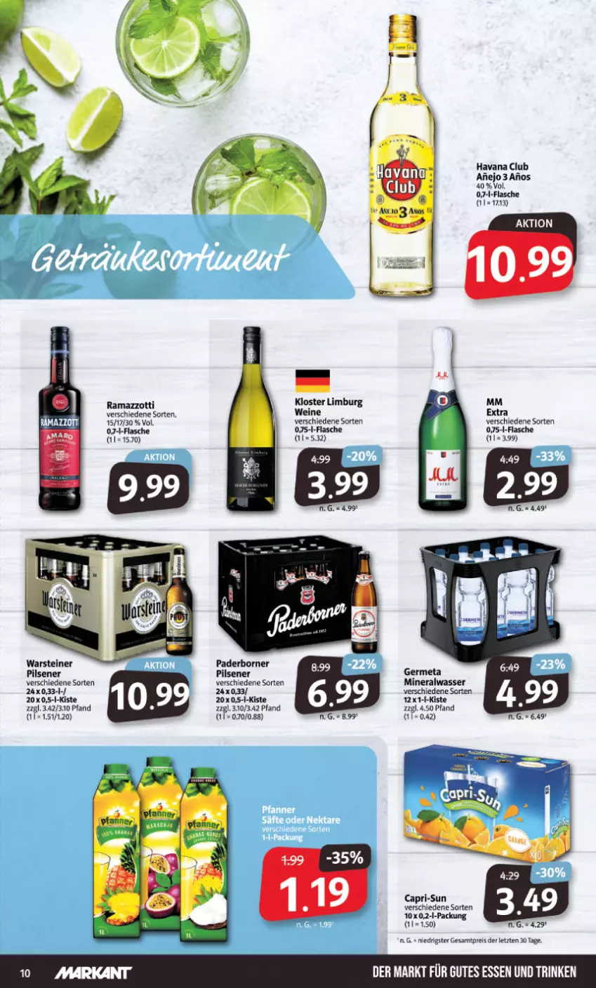 Aktueller Prospekt Markant - Prospekte - von 18.09 bis 23.09.2023 - strona 10 - produkty: Alwa, Cap, capri-sun, eis, flasche, Germ, Havana Club, mineralwasser, mm extra, pils, pilsener, rama, ramazzott, ramazzotti, reis, steiner, Ti, warsteiner, wasser, wein, weine, zott, ZTE