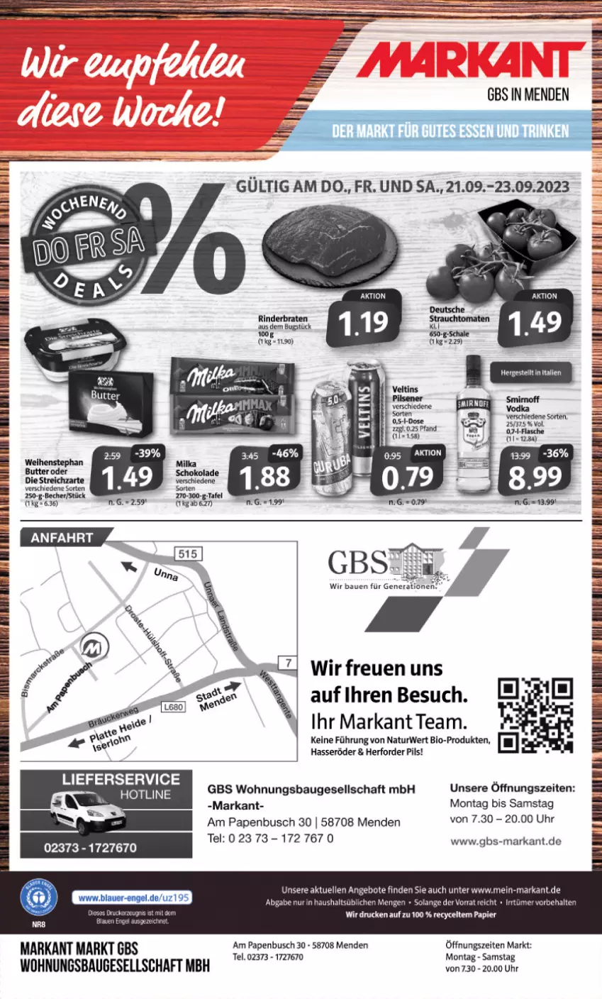 Aktueller Prospekt Markant - Prospekte - von 18.09 bis 23.09.2023 - strona 12 - produkty: angebot, angebote, Bau, Bebe, bio, braten, brot, elle, ente, flasche, hasseröder, lieferservice, natur, pils, rind, rinder, rinderbraten, rwe, Schal, Schale, Ti, uhr