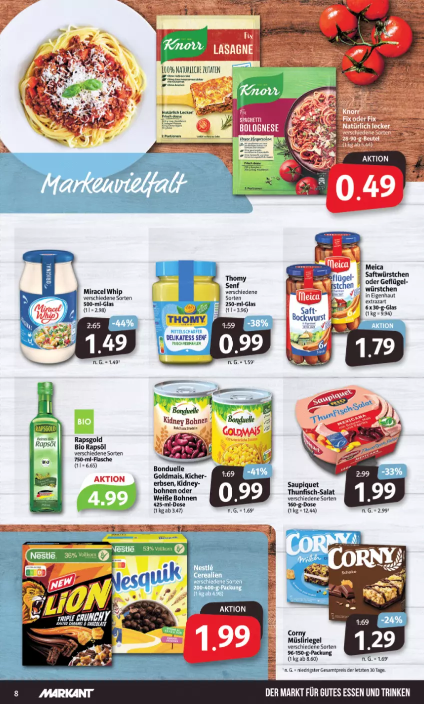 Aktueller Prospekt Markant - Prospekte - von 18.09 bis 23.09.2023 - strona 8 - produkty: beutel, bio, bohne, bohnen, bolognese, bonduelle, bonduelle goldmais, delikatess senf, eis, elle, erbsen, fisch, flasche, Geflügel, Goldmais, gutes essen, kidney, mais, meica, miracel, miracel whip, müsli, Müsliriegel, rapsöl, reis, riegel, saft, salat, saupiquet, senf, sony, spaghetti, spaghetti bolognese, tee, thomy, thunfisch, Ti, würstchen, ZTE