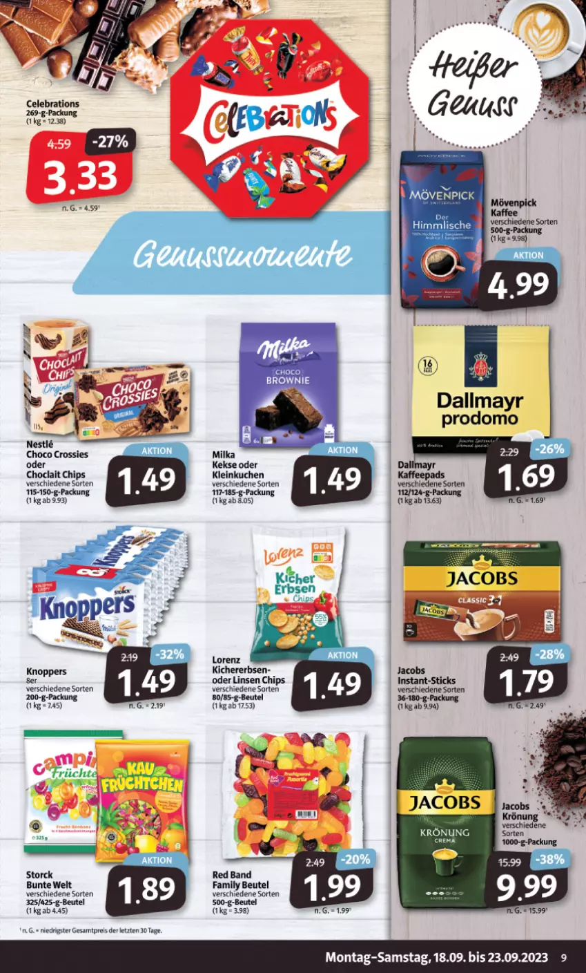 Aktueller Prospekt Markant - Prospekte - von 18.09 bis 23.09.2023 - strona 9 - produkty: beutel, chips, choclait chips, dallmayr, dallmayr prodomo, eis, erbsen, jacobs, keks, kekse, kichererbsen, kuchen, linsen, lorenz, prodomo, reis, storck, Ti, ZTE