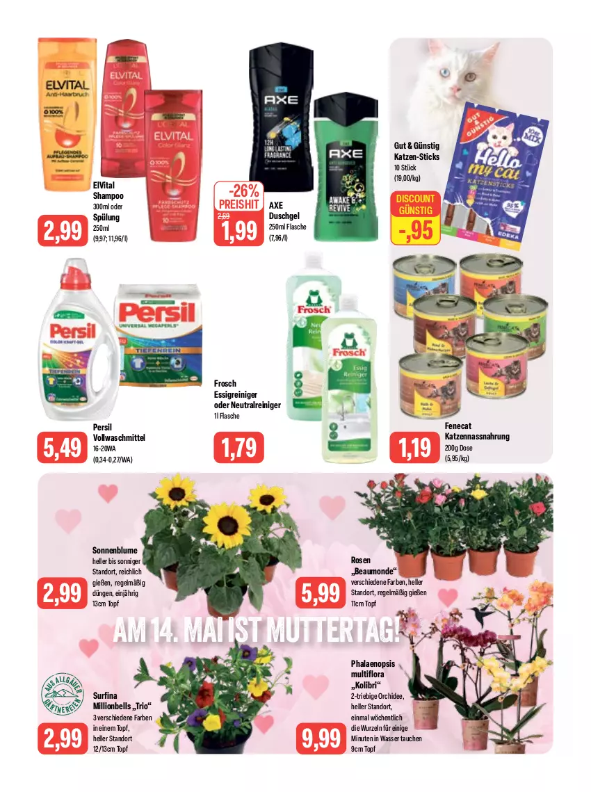 Aktueller Prospekt Feneberg - Prospekte - von 11.05 bis 13.05.2023 - strona 11 - produkty: axe, axe duschgel, blume, discount, duschgel, eis, elle, elvital, essig, flasche, Frosch, LG, lion, Nassnahrung, orchidee, persil, phalaenopsis, reiniger, reis, rosen, shampoo, sonnenblume, spülung, Surf, Ti, topf, vita, vollwaschmittel, waschmittel, wasser