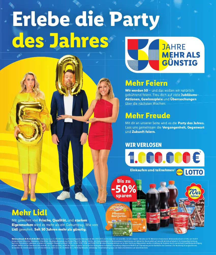 Aktueller Prospekt Lidl - 50 Jahre Lidl - von 19.05 bis 27.05.2023 - strona 2 - produkty: Bad, Bank, eier, eis, erde, gewinnspiel, gutschein, Jubiläums, LG, rwe, Spiele, telefon, Ti, Tüte, wolle