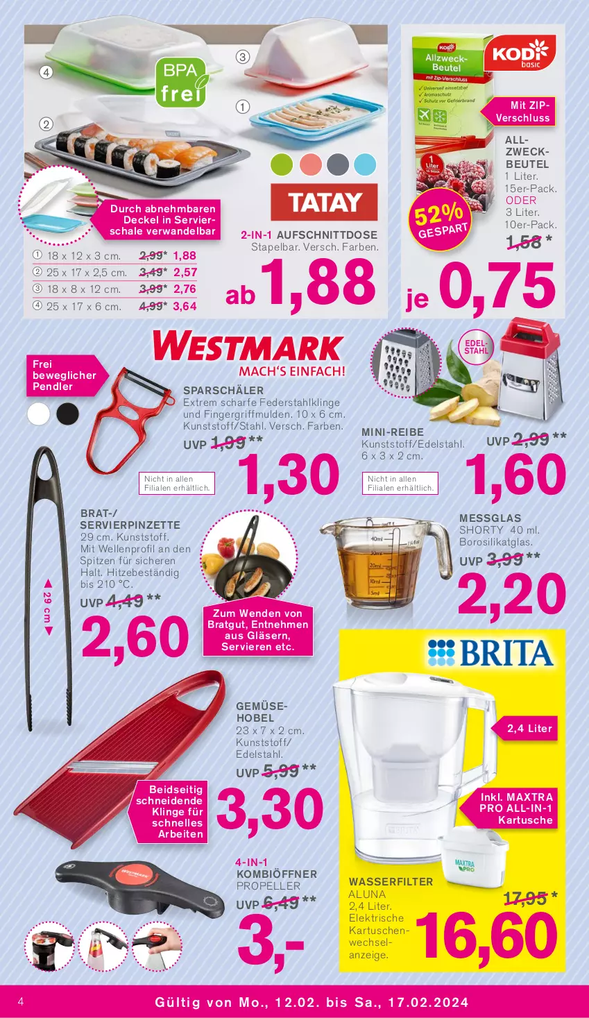 Aktueller Prospekt Kodi - Prospekte - von 12.02 bis 17.02.2024 - strona 4 - produkty: Allzweckbeutel, aufschnitt, beutel, decke, Deckel, edelstahl, Elan, elle, Gemüsehobel, Gläser, Maxtra, Pinzette, Schal, Schale, shorty, Ti, wasser, wasserfilter, weck