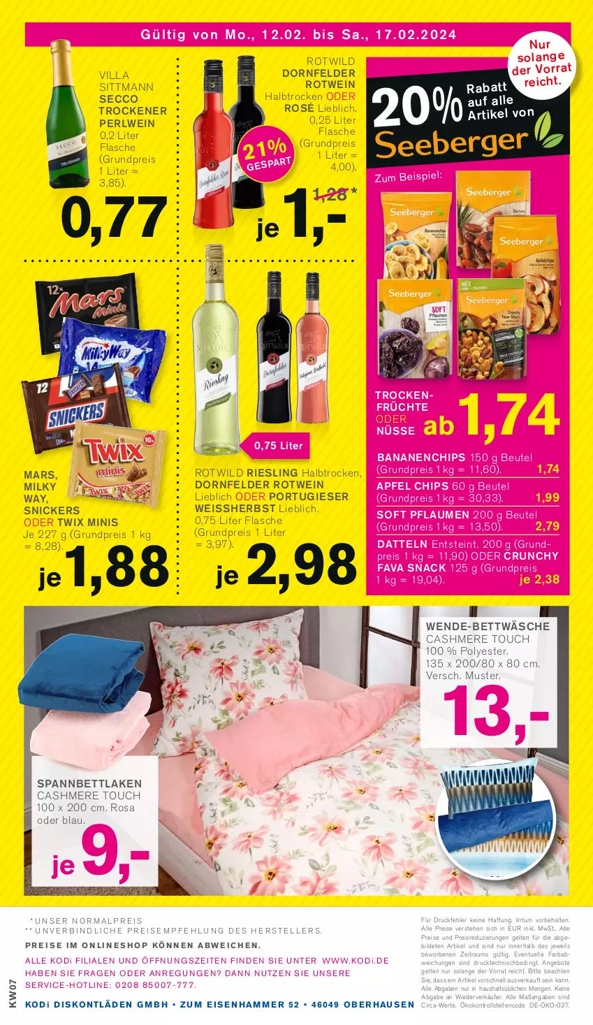 Aktueller Prospekt Kodi - Prospekte - von 12.02 bis 17.02.2024 - strona 8 - produkty: angebot, angebote, apfel, banane, bananen, bett, bettwäsche, beutel, cashmere, chips, Datteln, dornfelder, ecco, eis, elle, flasche, früchte, lenco, mars, milky way, oder twix, pflaume, pflaumen, reis, riesling, rotwein, snack, snickers, spannbettlaken, Ti, Trockenfrüchte, twix, wein, Wild