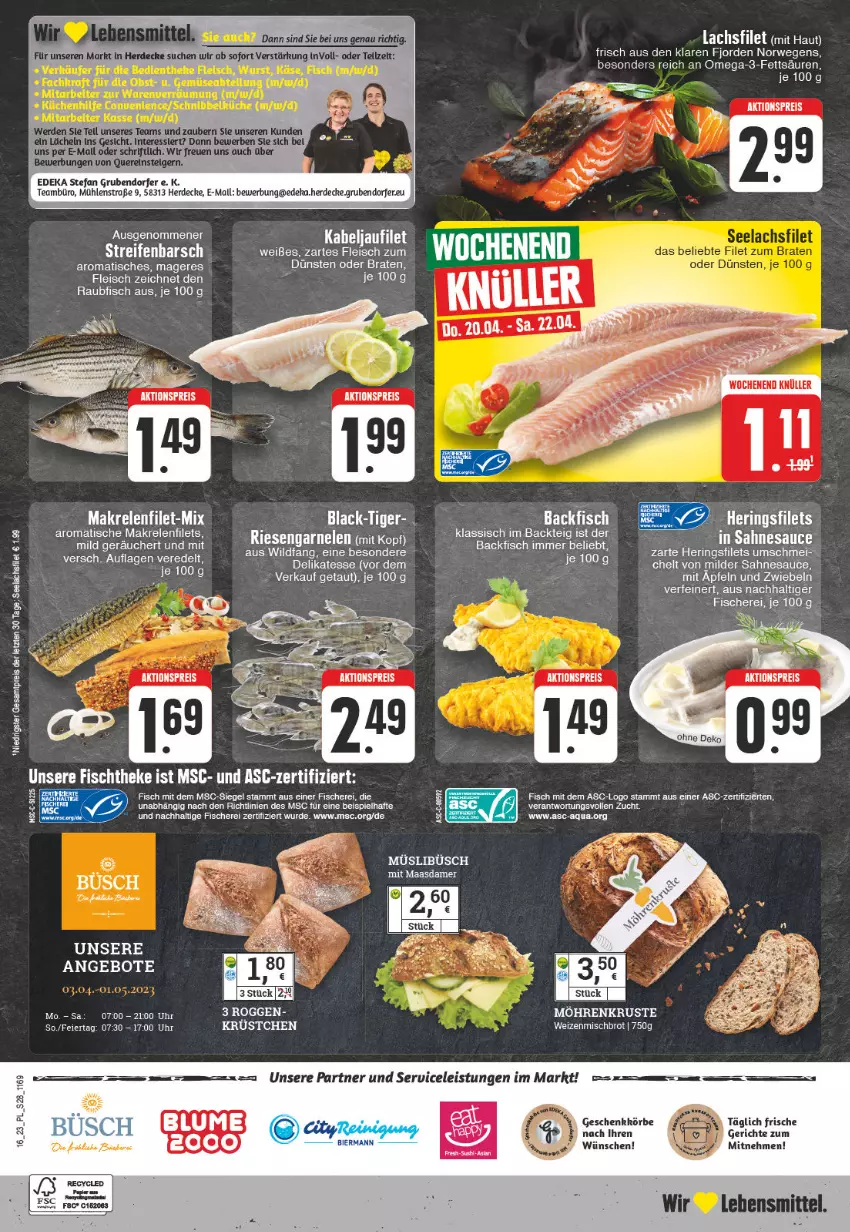 Aktueller Prospekt E Center - Angebote der Woche - von 10.04 bis 15.04.2023 - strona 28 - produkty: aktionspreis, angebot, angebote, backfisch, braten, brot, eier, eis, filet, filets, fisch, fische, Fischer, fleisch, garnelen, kabeljaufilet, lachs, lachsfilet, lebensmittel, Maasdam, maasdamer, Makrele, Makrelenfilets, möhren, omega, Omega-3, reifen, reis, rel, riesengarnelen, rwe, sahne, sauce, Schere, seelachsfilet, Ti, tisch, uhr, weizenmischbrot, Wild, ZTE, zwiebel, zwiebeln