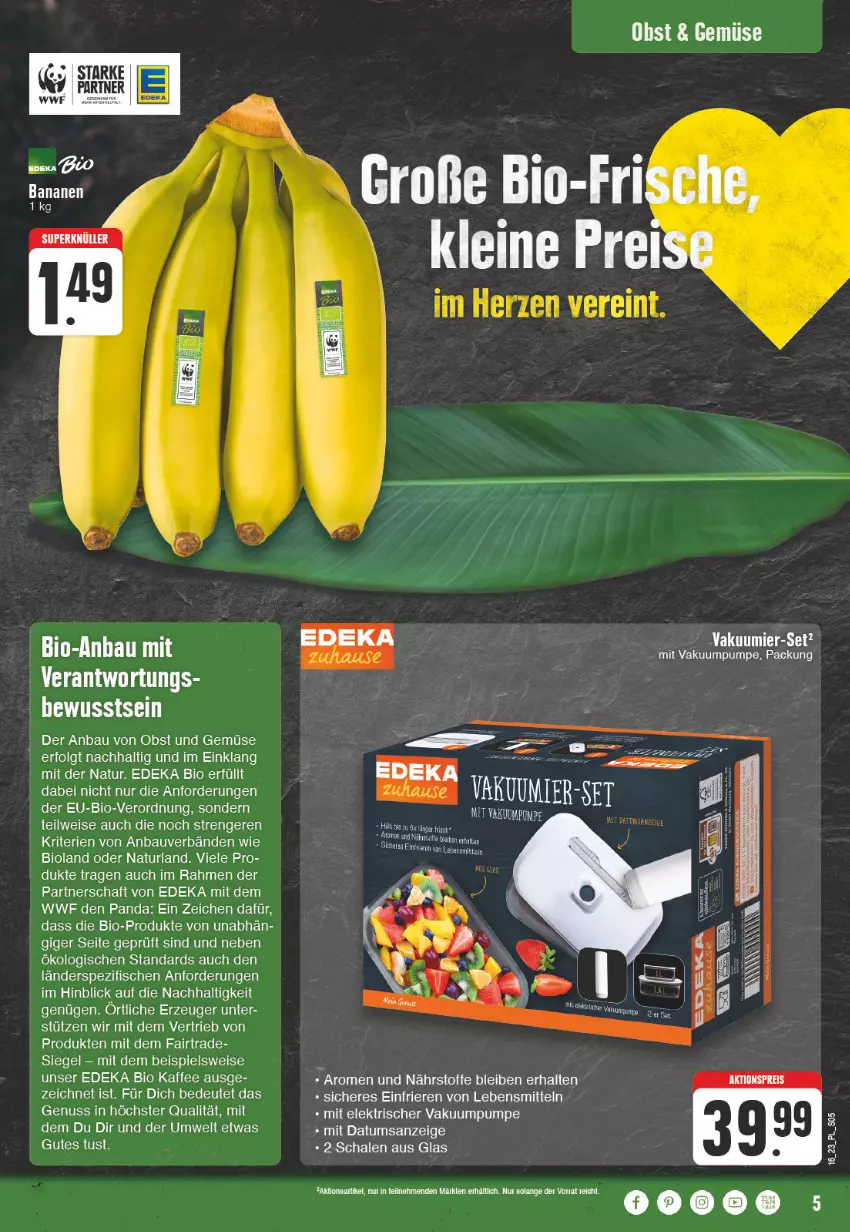 Aktueller Prospekt E Center - Angebote der Woche - von 10.04 bis 15.04.2023 - strona 5 - produkty: banane, bananen, Bau, bio, bioland, deka, edeka bio, eis, fisch, fische, kaffee, lebensmittel, LG, natur, naturland, nuss, obst, Obst und Gemüse, Schal, Schale, Spezi, Ti, und gemüse