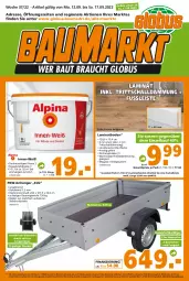 Gazetka promocyjna  - Prospekt für Globus Baumarkt  Achern - Gazetka - ważna od 17.09 do 17.09.2022 - strona 1 - produkty: Anhänger, Bank, Bau, braun, brie, eimer, eis, elle, laminat, laminatboden, latte, reifen, reis, Schal, Sockelleiste, Ti, wasser, ZTE