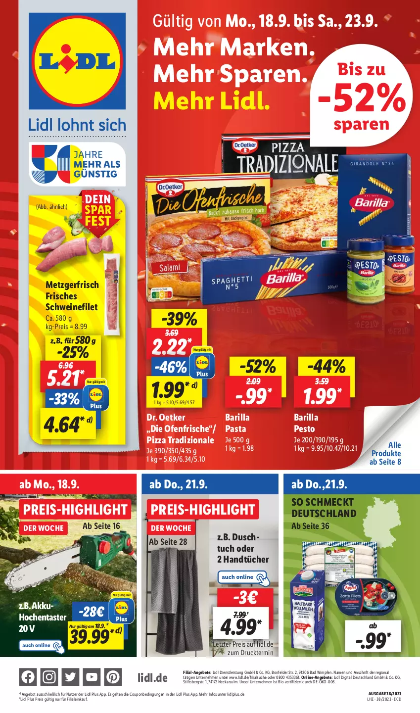 Aktueller Prospekt Lidl - Aktionsprospekt - von 18.09 bis 23.09.2023 - strona 1 - produkty: akku, angebot, angebote, Bad, barilla, bio, coupon, die ofenfrische, Dr. Oetker, duschtuch, eis, filet, handtücher, Ofen, pasta, pesto, pizza, pizza tradizionale, preisvorteil, reis, schwein, schweine, schweinefilet, Ti, tradizionale, tuc, tücher, wein, weine, ZTE