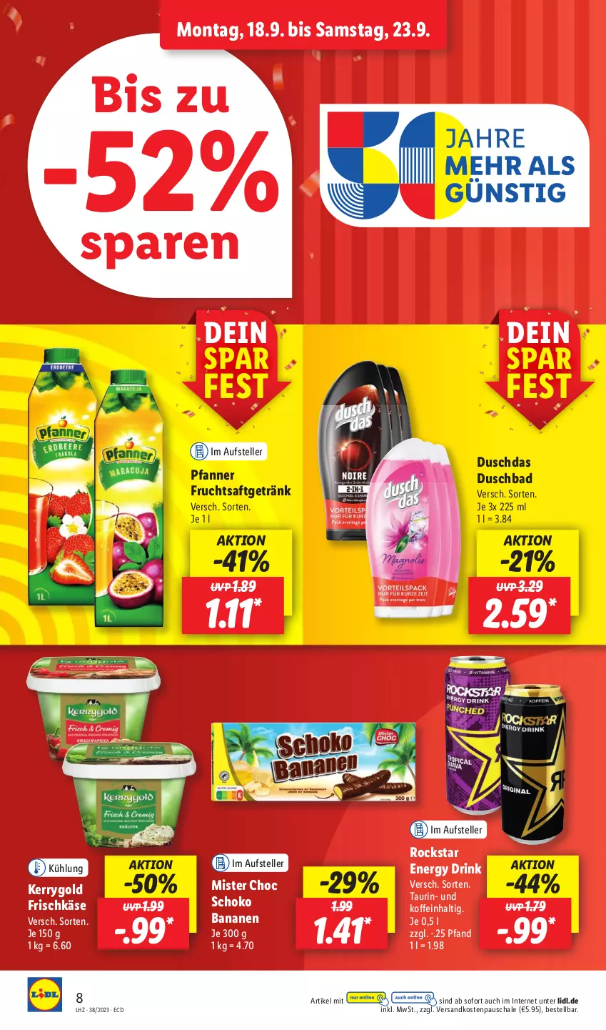 Aktueller Prospekt Lidl - Aktionsprospekt - von 18.09 bis 23.09.2023 - strona 10 - produkty: Bad, banane, bananen, drink, duschbad, duschdas, elle, energy drink, frischkäse, frucht, fruchtsaft, fruchtsaftgetränk, getränk, Käse, kerrygold, ndk, pfanne, Pfanner, Rockstar, saft, Schal, Schale, schoko, teller, Ti