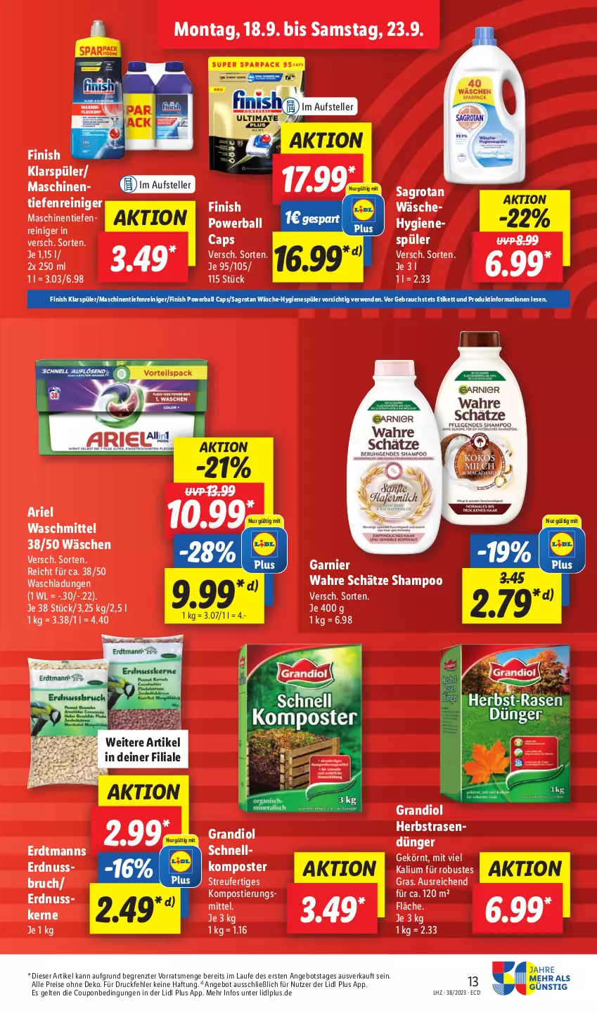 Aktueller Prospekt Lidl - Aktionsprospekt - von 18.09 bis 23.09.2023 - strona 15 - produkty: angebot, ariel, ariel waschmittel, ball, Cap, coupon, dünger, eis, elle, erdnuss, Finish, garnier, hygienespüler, klarspüler, Komposter, nuss, powerball, rasen, rasendünger, Rauch, reiniger, reis, rwe, sagrotan, shampoo, Stier, teller, Ti, Wahre Schätze, waschmittel, ZTE