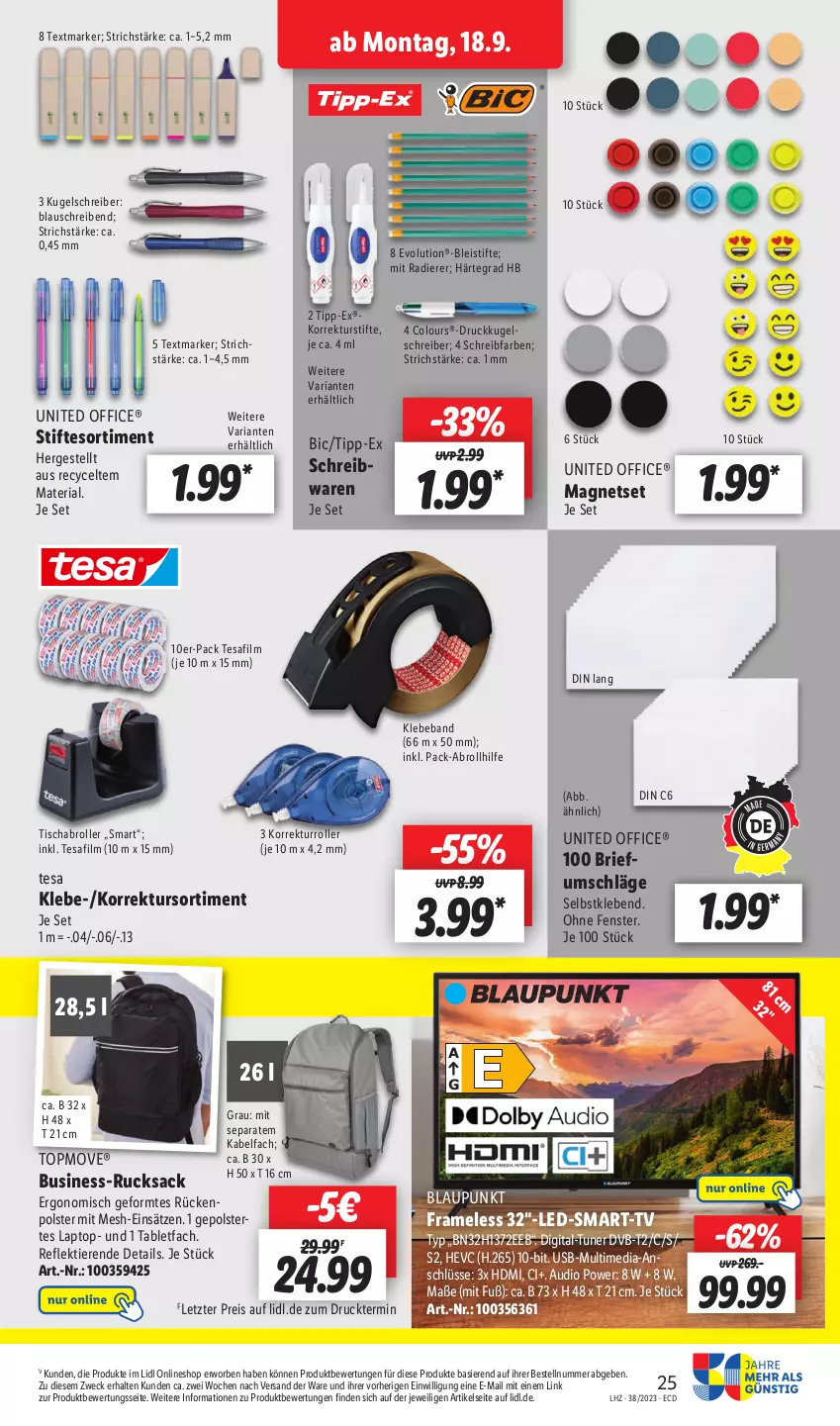 Aktueller Prospekt Lidl - Aktionsprospekt - von 18.09 bis 23.09.2023 - strona 31 - produkty: Beba, blaupunkt, Bleistift, bleistifte, brie, dvb, DVB-T, eis, fenster, HDMI, Kugel, kugelschreiber, Laptop, Magnets, office, reis, Ria, Roller, rucksack, sac, schreibwaren, stifte, tablet, tesa, textmarker, Ti, Tiere, tisch, tuner, usb, weck, ZTE