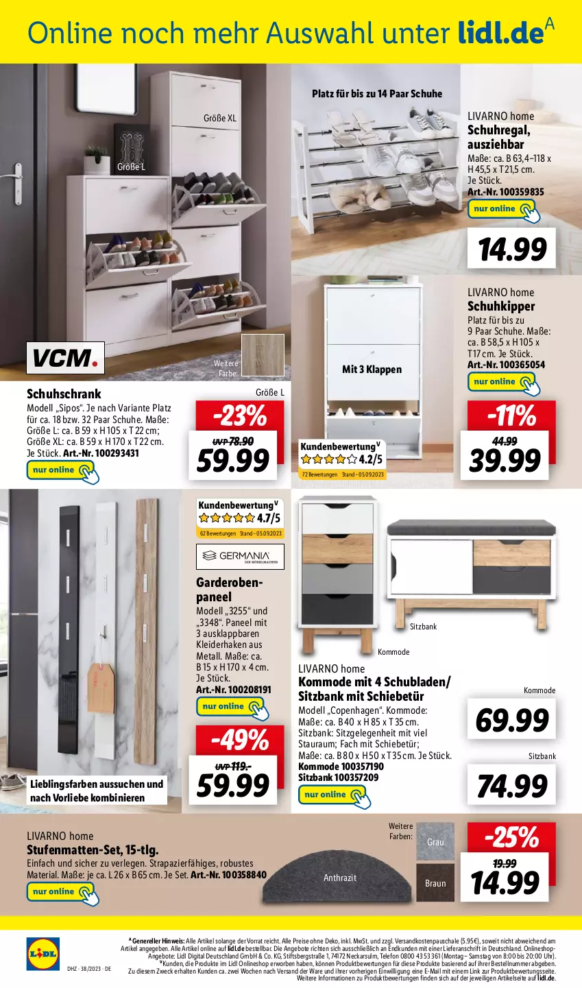 Aktueller Prospekt Lidl - Aktionsprospekt - von 18.09 bis 23.09.2023 - strona 36 - produkty: angebot, angebote, Bank, braun, dell, eis, elle, Garderobe, kleid, kleider, kommode, LG, Mode, ndk, paar schuhe, paneel, regal, reis, rel, Ria, Schal, Schale, Schrank, schubladen, schuhe, schuhregal, schuhschrank, sitzbank, Stufenmatten, telefon, Ti, uhr, weck