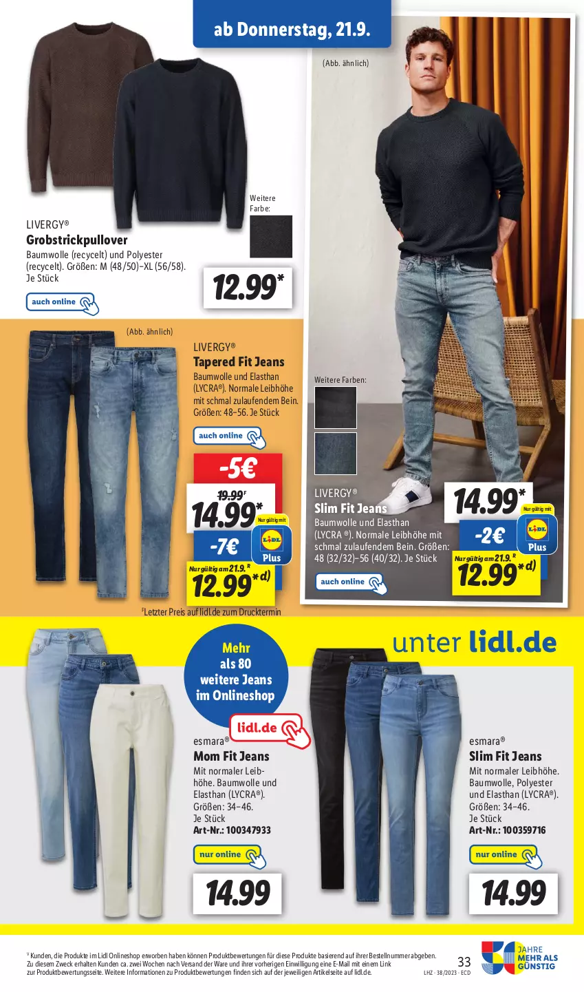 Aktueller Prospekt Lidl - Aktionsprospekt - von 18.09 bis 23.09.2023 - strona 47 - produkty: Bau, baumwolle, eis, esmara, jeans, Laufen, livergy, obst, Pullover, reis, Strickpullover, Ti, weck, wolle, ZTE