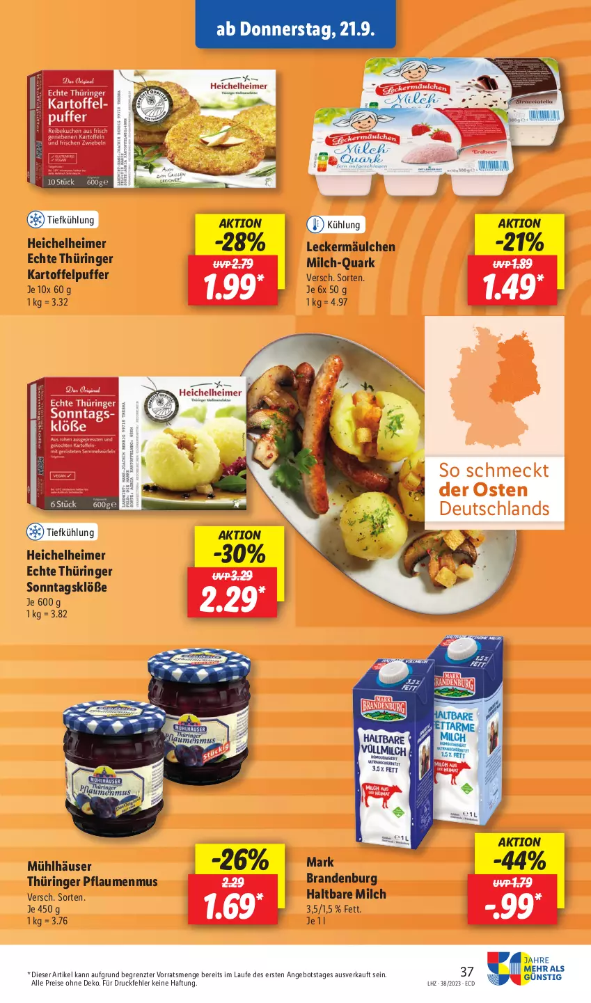 Aktueller Prospekt Lidl - Aktionsprospekt - von 18.09 bis 23.09.2023 - strona 51 - produkty: angebot, eimer, eis, haltbare milch, kartoffel, kartoffelpuffer, leckermäulchen, milch, mühlhäuser, pflaume, pflaumen, pflaumenmus, quark, reis, ring, Sonntagsklöße, Ti, ZTE