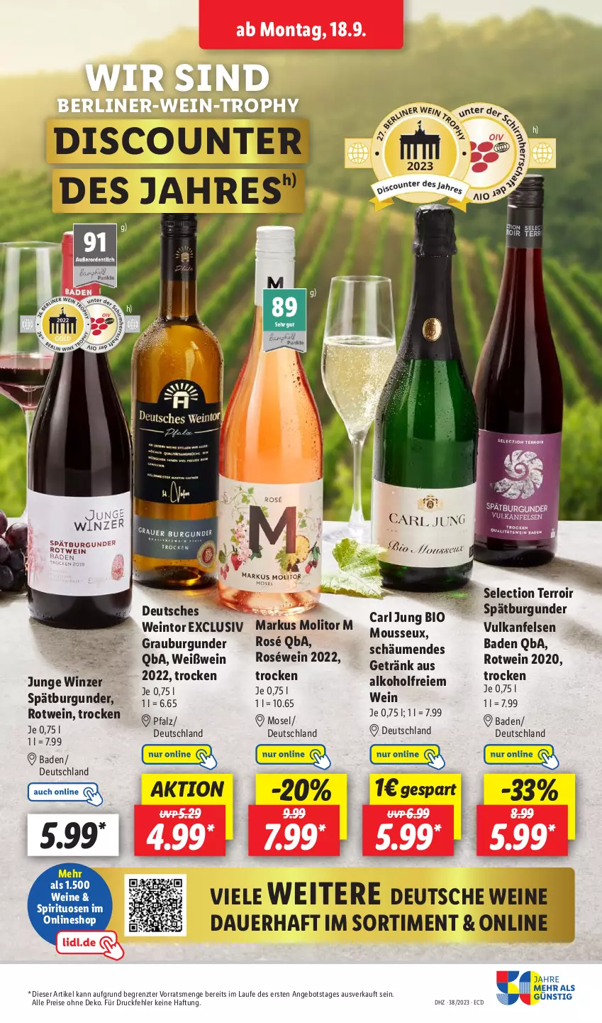 Aktueller Prospekt Lidl - Aktionsprospekt - von 18.09 bis 23.09.2023 - strona 53 - produkty: alkohol, angebot, auer, Bad, berliner, bio, burgunder, discount, eis, getränk, grauburgunder, mousse, reis, roséwein, rotwein, spätburgunder, spirituosen, Ti, wein, weine, Weißwein, ZTE