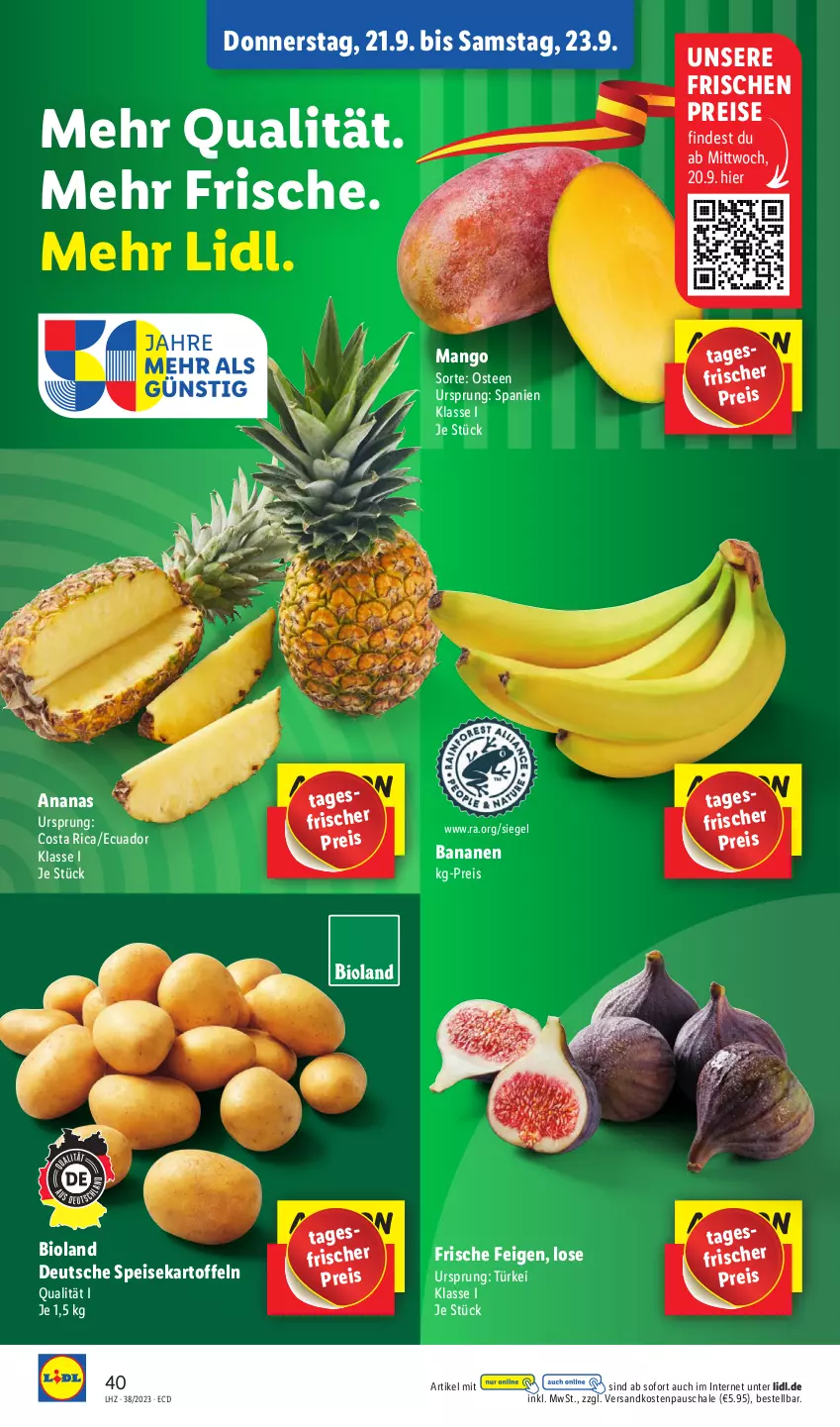 Aktueller Prospekt Lidl - Aktionsprospekt - von 18.09 bis 23.09.2023 - strona 54 - produkty: ananas, banane, bananen, bio, bioland, eis, Feigen, kartoffel, kartoffeln, mango, ndk, reis, Schal, Schale, speisekartoffeln, tee, Ti