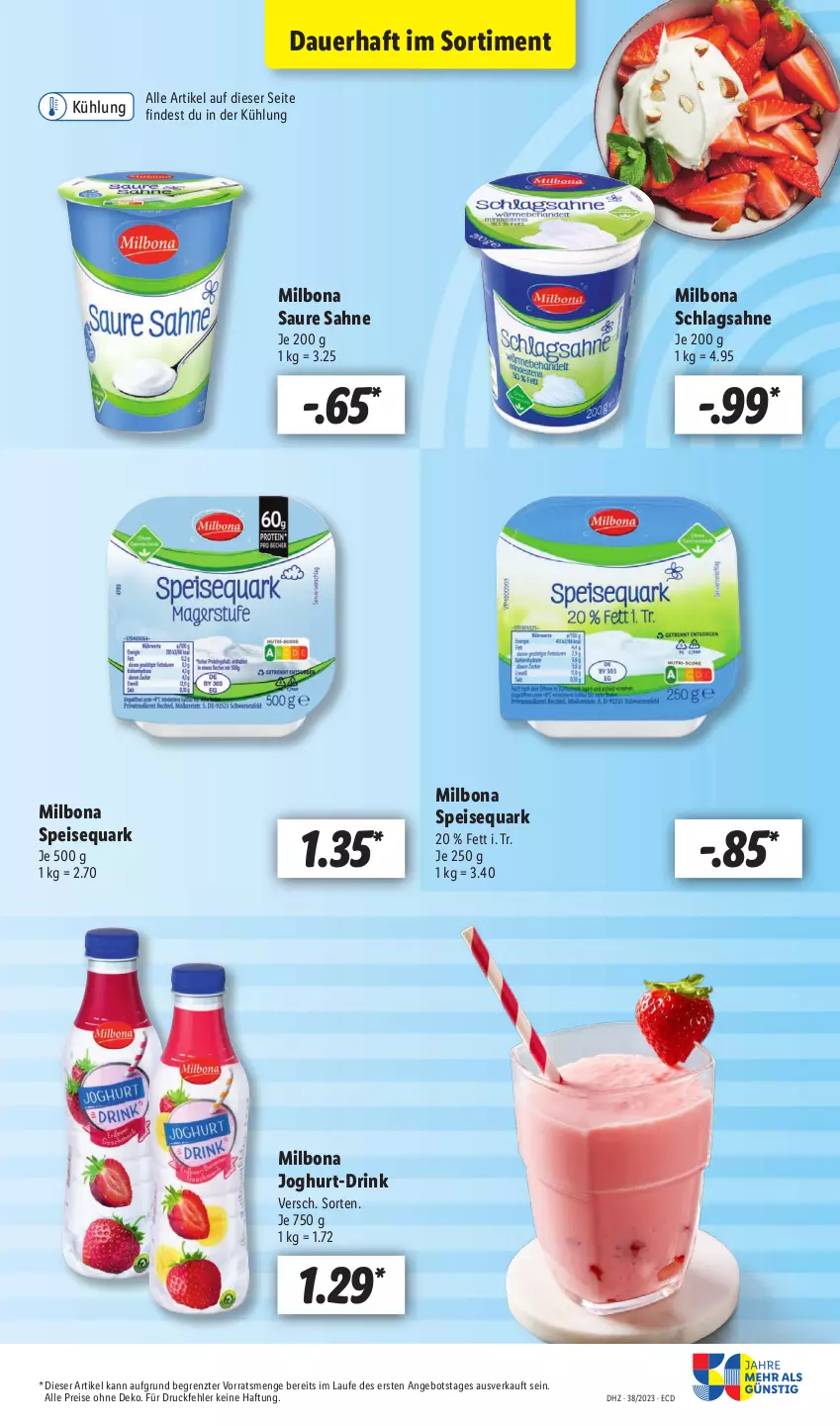 Aktueller Prospekt Lidl - Aktionsprospekt - von 18.09 bis 23.09.2023 - strona 7 - produkty: angebot, auer, Bona, drink, eis, joghur, joghurt, Milbona, quark, reis, sahne, schlagsahne, speisequark, Ti, ZTE