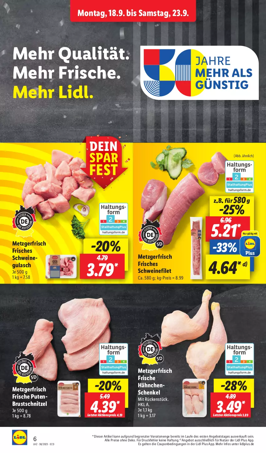 Aktueller Prospekt Lidl - Aktionsprospekt - von 18.09 bis 23.09.2023 - strona 8 - produkty: aktionspreis, angebot, coupon, eis, filet, Frische Hähnchen, gulasch, henkel, pute, reis, schenkel, schnitzel, schwein, schweine, schweinefilet, Ti, wein, weine, ZTE