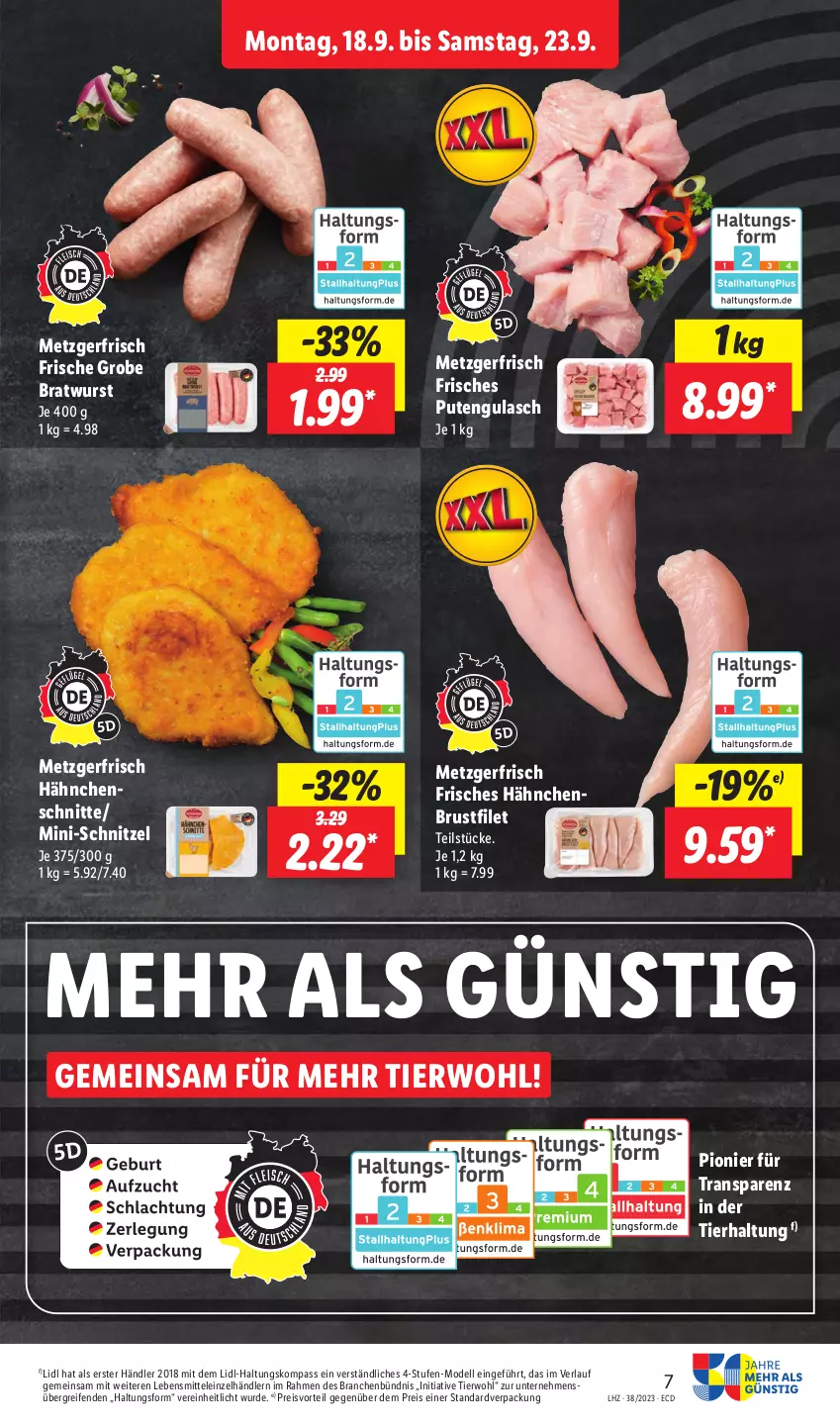 Aktueller Prospekt Lidl - Aktionsprospekt - von 18.09 bis 23.09.2023 - strona 9 - produkty: bratwurst, brustfilet, dell, eis, filet, grobe bratwurst, gulasch, hähnchenbrust, hähnchenbrustfilet, lebensmittel, Mode, preisvorteil, pute, reifen, reis, schnitzel, Ti, wurst