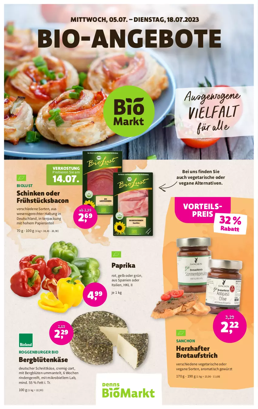 Aktueller Prospekt Denns Biomarkt - Prospekte - von 05.07 bis 18.07.2023 - strona 1 - produkty: angebot, angebote, aufstrich, bacon, bier, Biere, bio, Blüte, brot, brotaufstrich, burger, deutscher schnittkäse, eis, elle, gewürz, Käse, Mantel, papier, paprika, paprika rot, reis, rind, schinken, schnittkäse, Ti, tisch, Vegeta, vorteilspreis