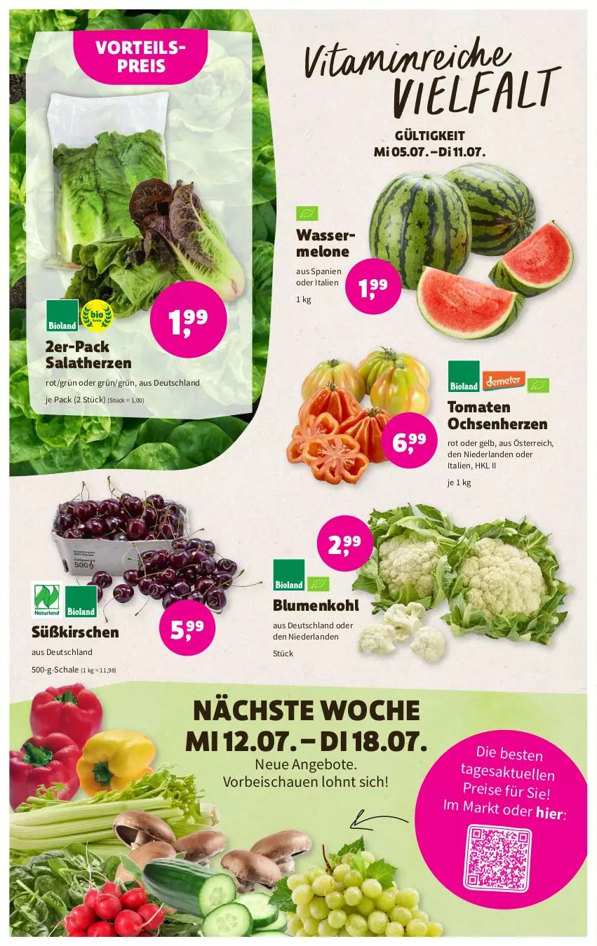 Aktueller Prospekt Denns Biomarkt - Prospekte - von 05.07 bis 18.07.2023 - strona 2 - produkty: angebot, angebote, blume, blumen, blumenkohl, eis, elle, kirsch, kirsche, kirschen, melone, reis, salat, salatherzen, Schal, Schale, Ti, tomate, tomaten, vita, vorteilspreis, wasser