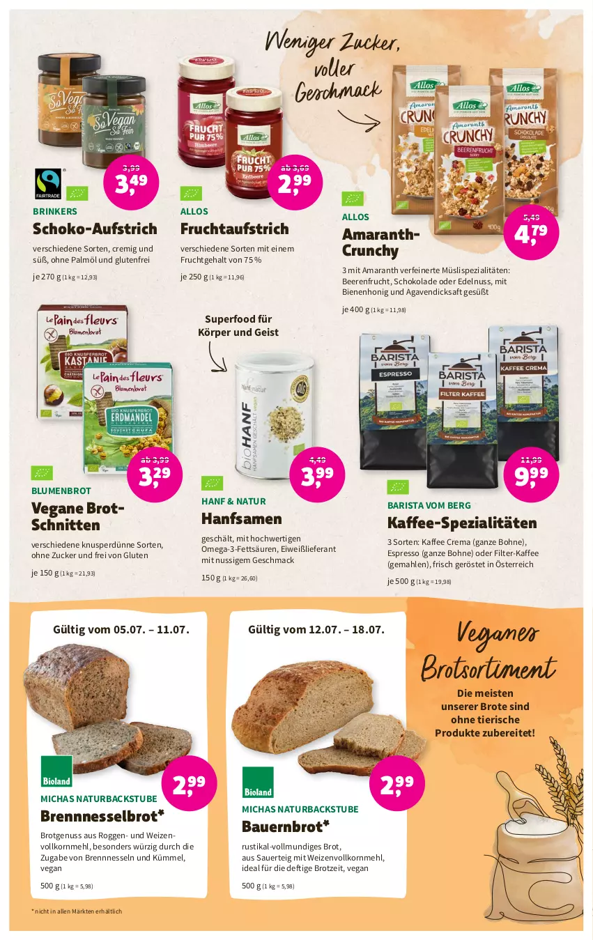 Aktueller Prospekt Denns Biomarkt - Prospekte - von 05.07 bis 18.07.2023 - strona 8 - produkty: agaven, auer, aufstrich, Bau, Bauer, beere, beeren, blume, blumen, bohne, Brennnesselbrot, brot, dicksaft, eis, espresso, frucht, fruchtaufstrich, honig, kaffee, korn, mac, mehl, müsli, natur, nuss, ohne palmöl, omega, Omega-3, saft, schnitten, schoko, schokolade, Spezi, stube, Ti, zucker