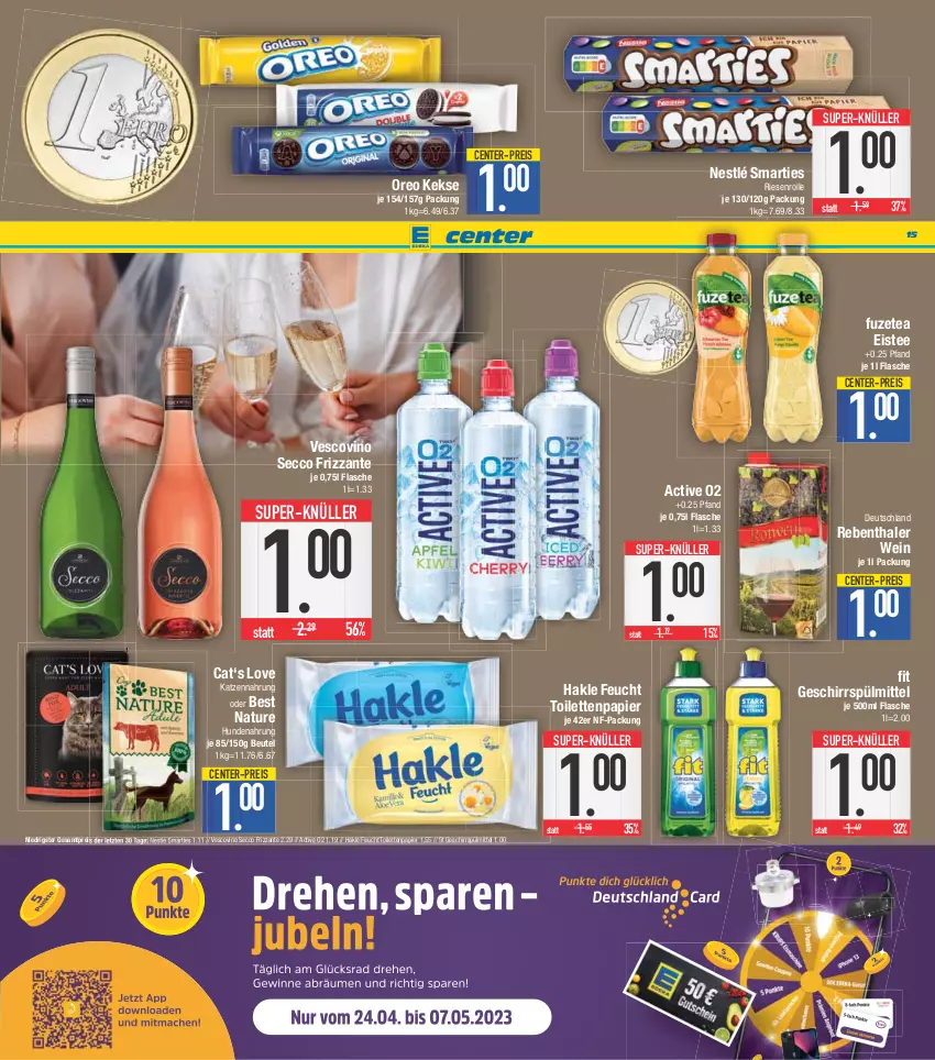 Aktueller Prospekt E Center - Angebote der Woche - von 24.04 bis 29.04.2023 - strona 15 - produkty: beutel, coupon, ecco, eis, eistee, ente, flasche, frizzante, fuzetea, geschirr, geschirrspülmittel, hakle, hundenahrung, katzennahrung, keks, kekse, natur, nestlé, oreo, papier, reis, smarties, spülmittel, super-knüller, tee, Ti, toilettenpapier, vescovino, wein, ZTE