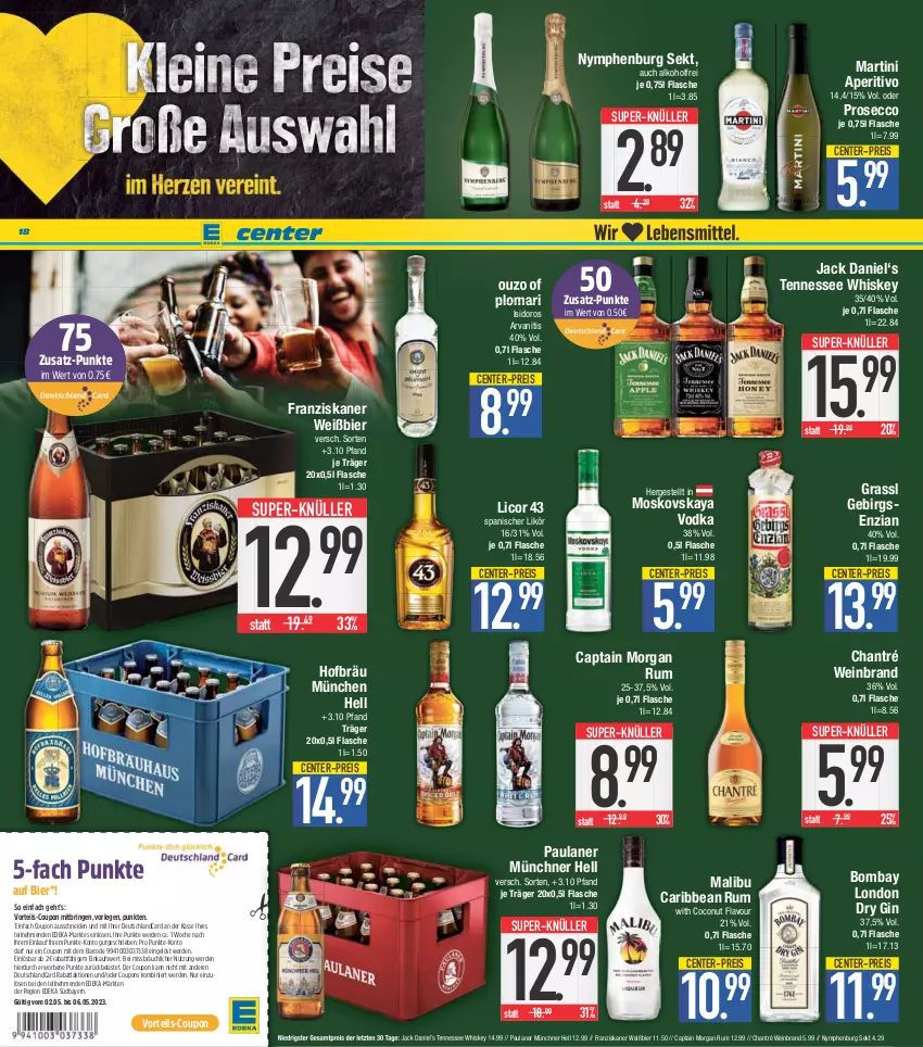 Aktueller Prospekt E Center - Angebote der Woche - von 24.04 bis 29.04.2023 - strona 18 - produkty: alkohol, bier, Cap, captain morgan, chantré, coconut, coupon, coupons, deka, deutschlandcard, dry gin, ecco, eis, ente, erde, flasche, franziskaner, gin, jack daniel, licor, licor 43, likör, london dry, london dry gin, Malibu, martini, moskovskaya, ouzo, Paula, paulaner, prosecco, reis, ring, rum, sekt, super-knüller, tennessee whiskey, Ti, vodka, wein, weinbrand, whiskey, ZTE