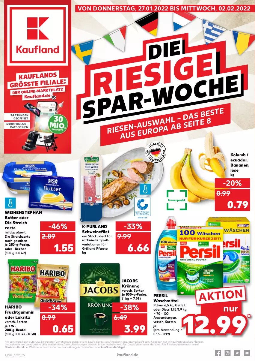 Aktueller Prospekt Kaufland - von 27.01 bis 02.02.2022 - strona 1 - produkty: angebot, angebote, banane, bananen, Becher, beutel, butter, deit, die kaufland, filet, frucht, fruchtgummi, fruchtgummis, für grill und pfanne, grill, grill und pfanne, haribo, jacobs, jacobs krönung, Lakritz, oder lakritz, persil, persil waschmittel, pfanne, purland, Ria, salz, schwein, schweine, schweinefilet, Streichzart, Ti, und pfanne, waschmittel, weihenstephan, wein, weine, ZTE